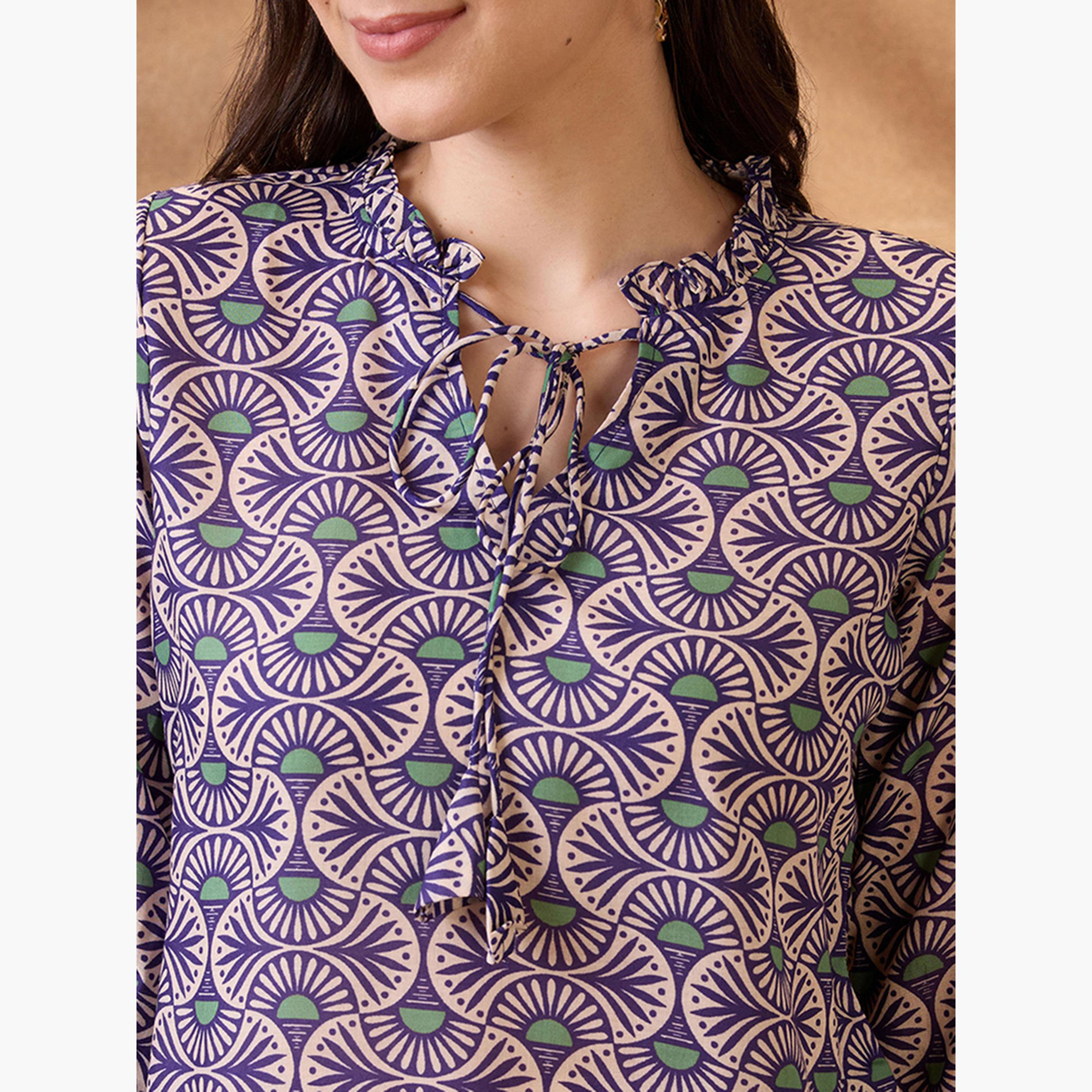 غلوبوص × ستايلي - تونيك بطبعة عرقية مع رباط للرقبة-women-clothing-shirtsandblouses-blouses-image-5