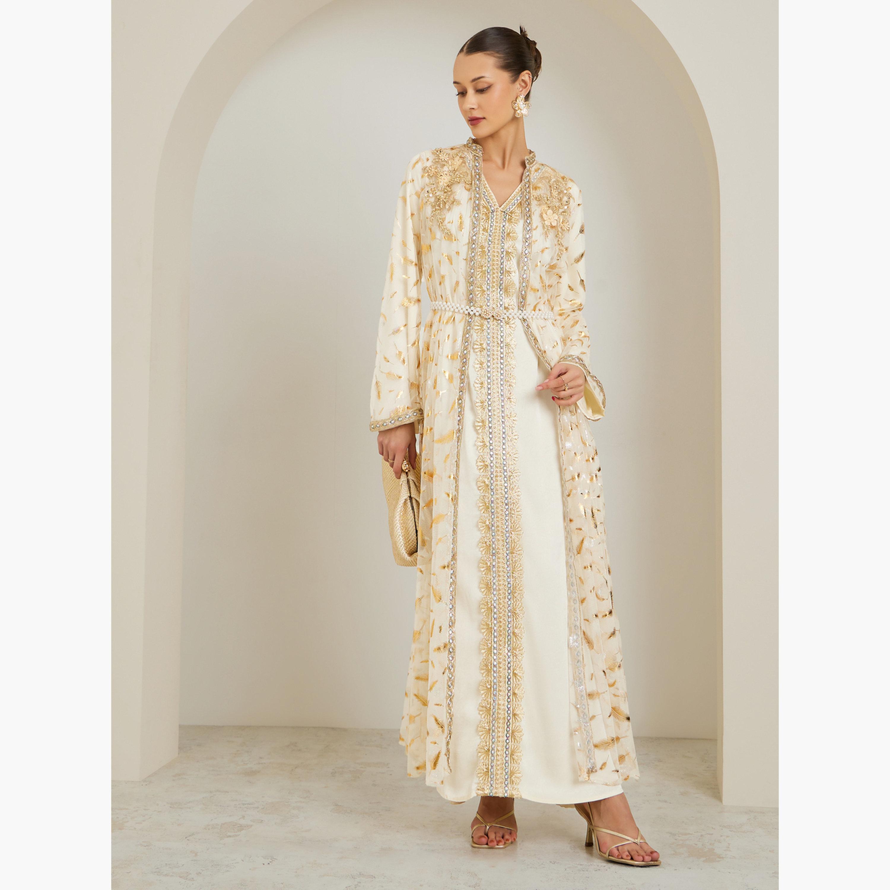 Styli Women Beige Embroidered Kaftan with Satin Inner Dress-women-arabicclothing-kaftan-image-2