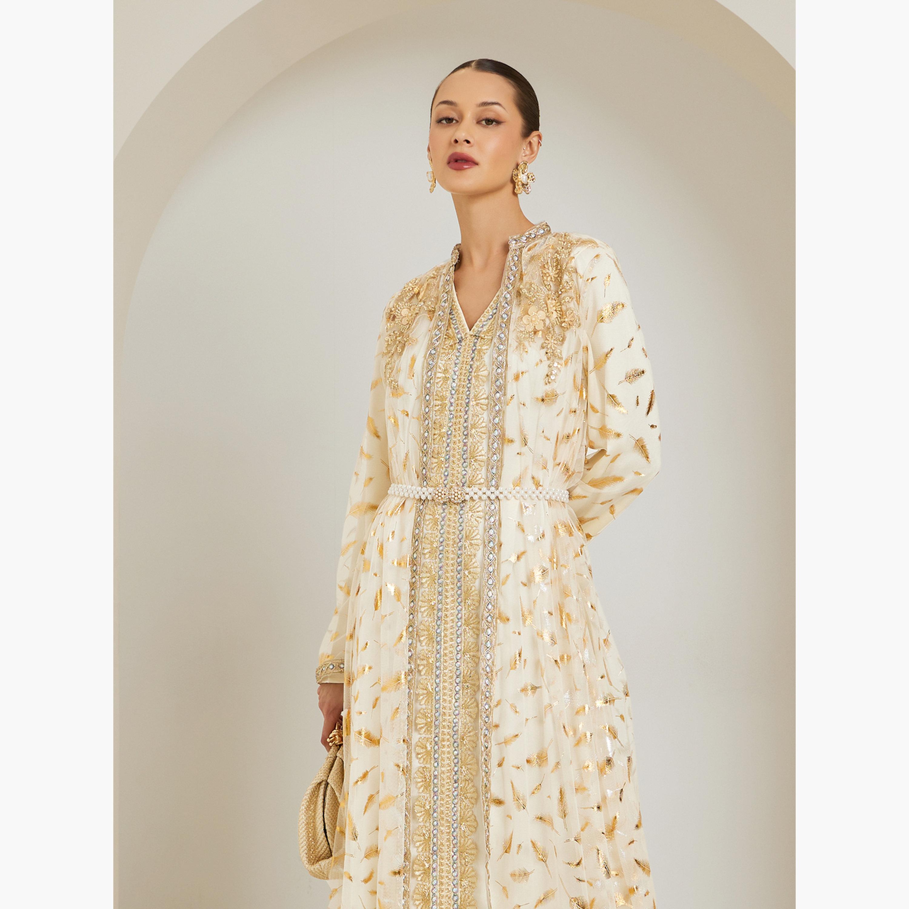 Styli Women Beige Embroidered Kaftan with Satin Inner Dress-women-arabicclothing-kaftan-image-3