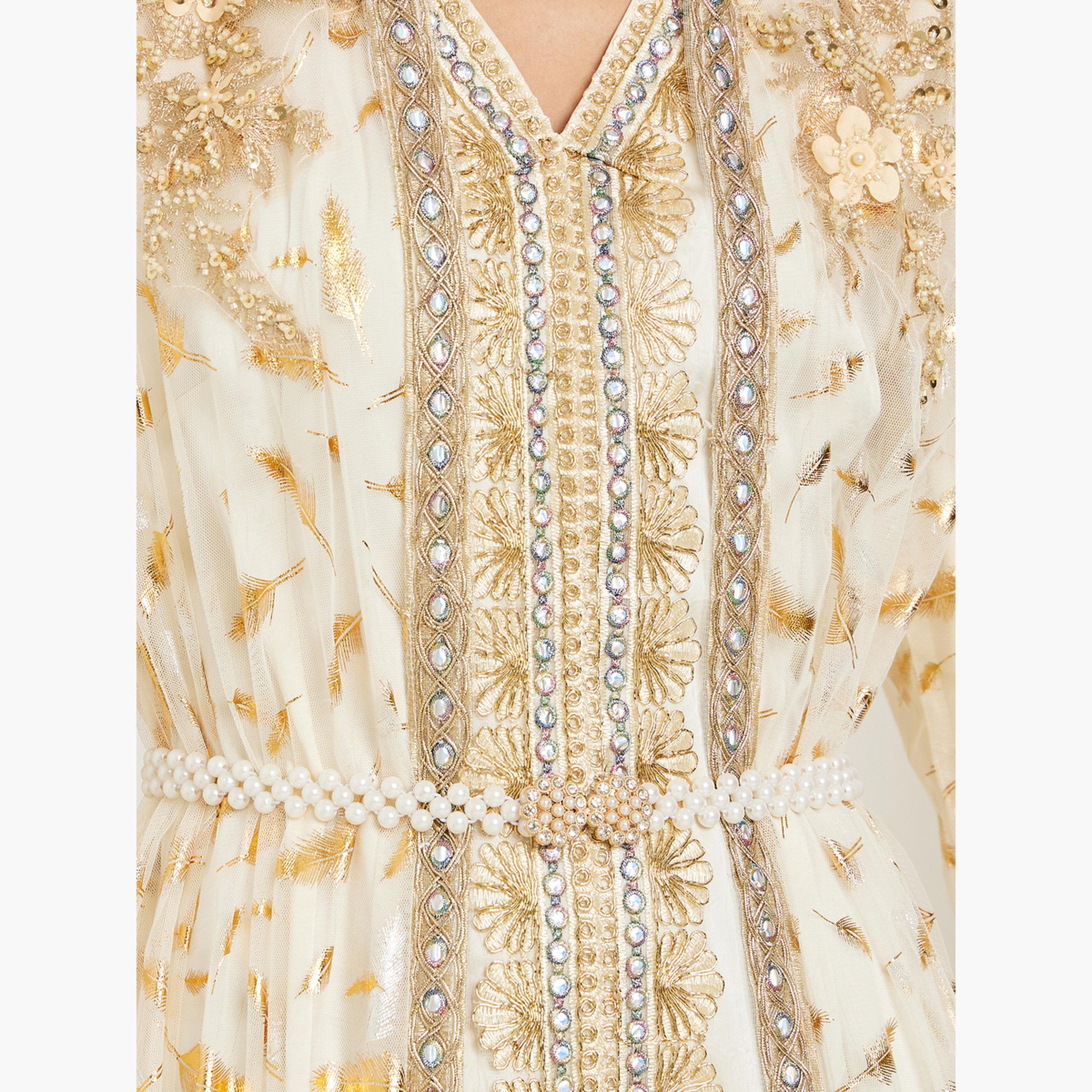 Styli Women Beige Embroidered Kaftan with Satin Inner Dress-women-arabicclothing-kaftan-image-4