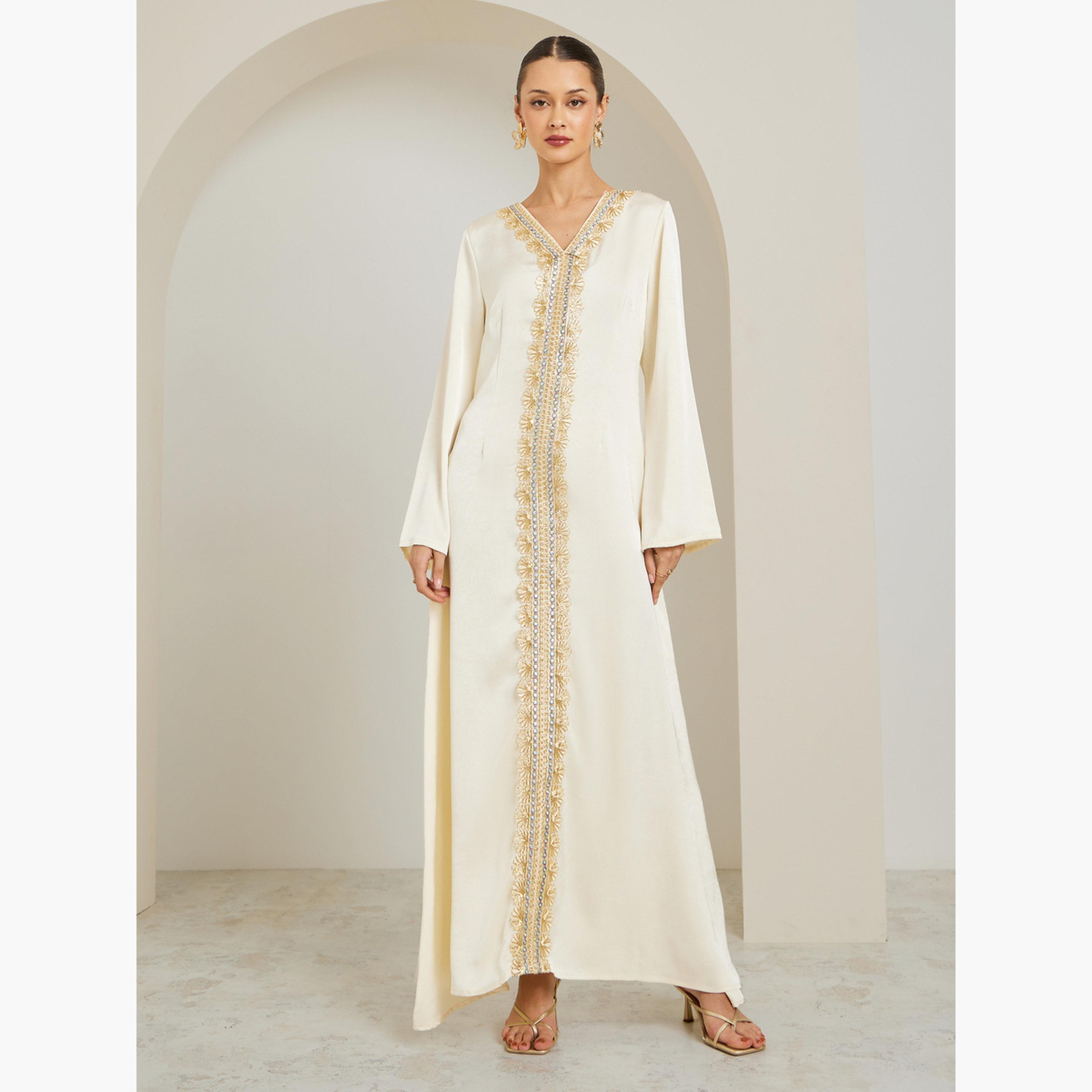 Styli Women Beige Embroidered Kaftan with Satin Inner Dress-women-arabicclothing-kaftan-image-6