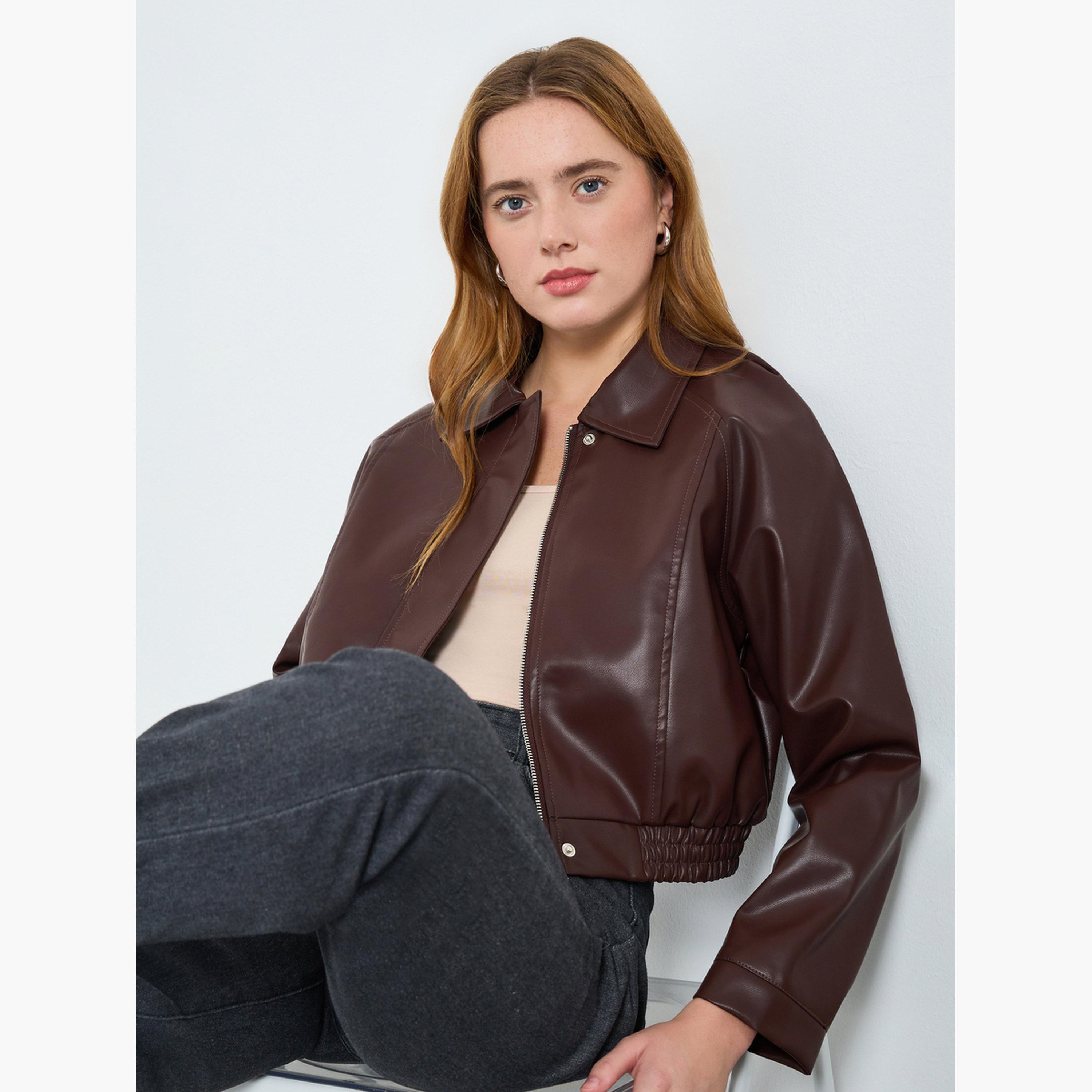 Take Two Women Brown Faux Leather Cropped Jacket-women-winterwear-coatsandjackets-jackets-image-3