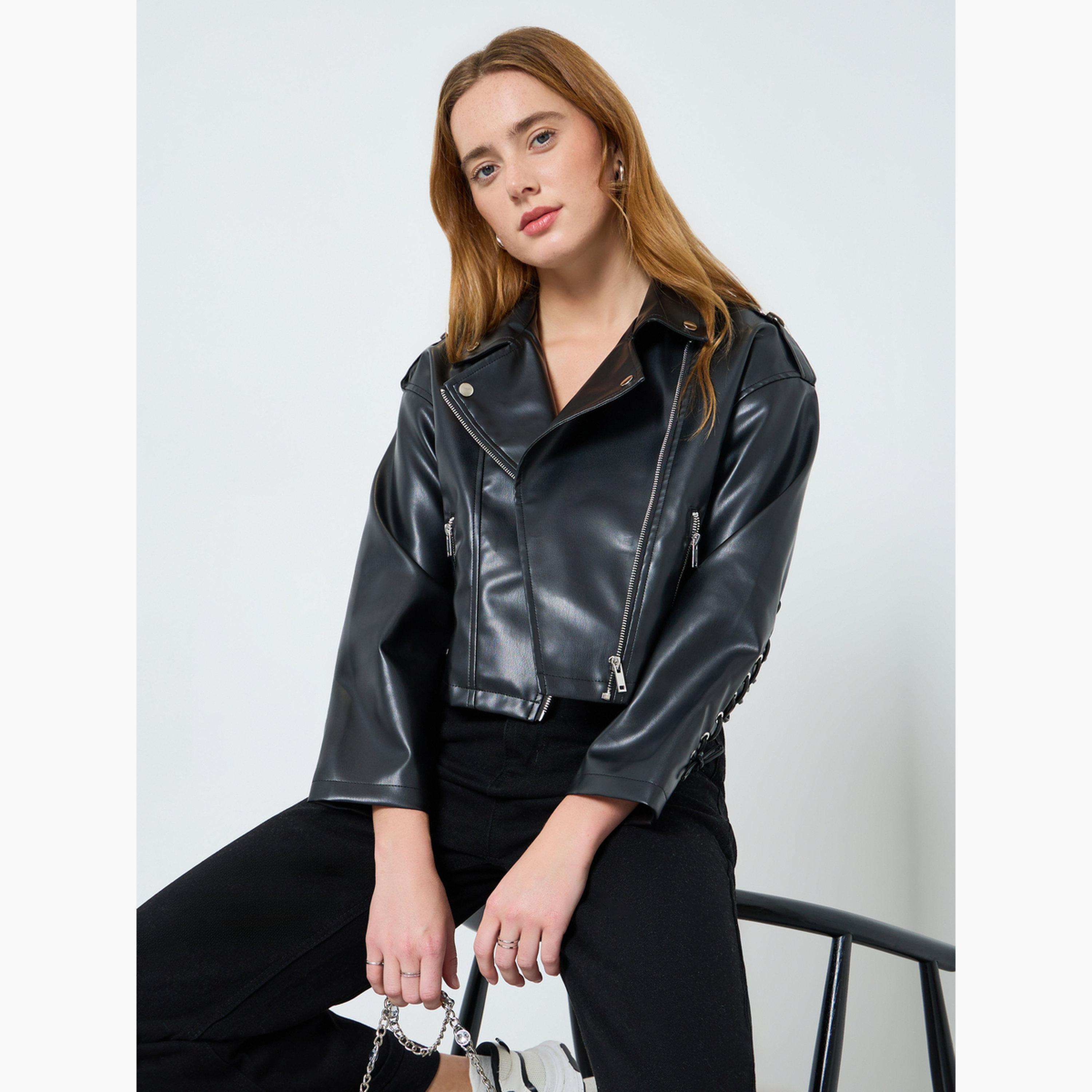 Take Two Women Black Faux Leather Lace-Up Jacket-women-winterwear-coatsandjackets-jackets-image-2