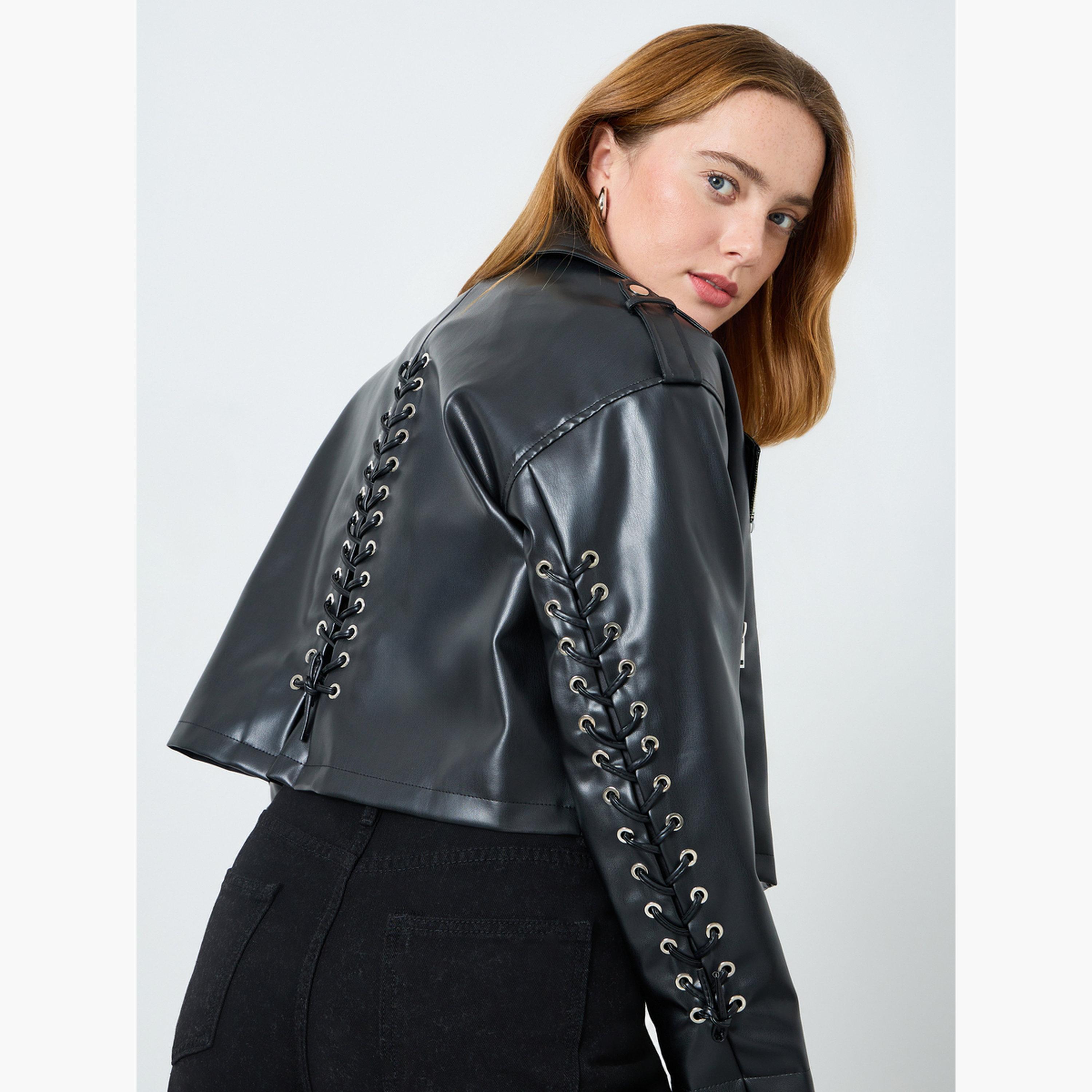Take Two Women Black Faux Leather Lace-Up Jacket-women-winterwear-coatsandjackets-jackets-image-4
