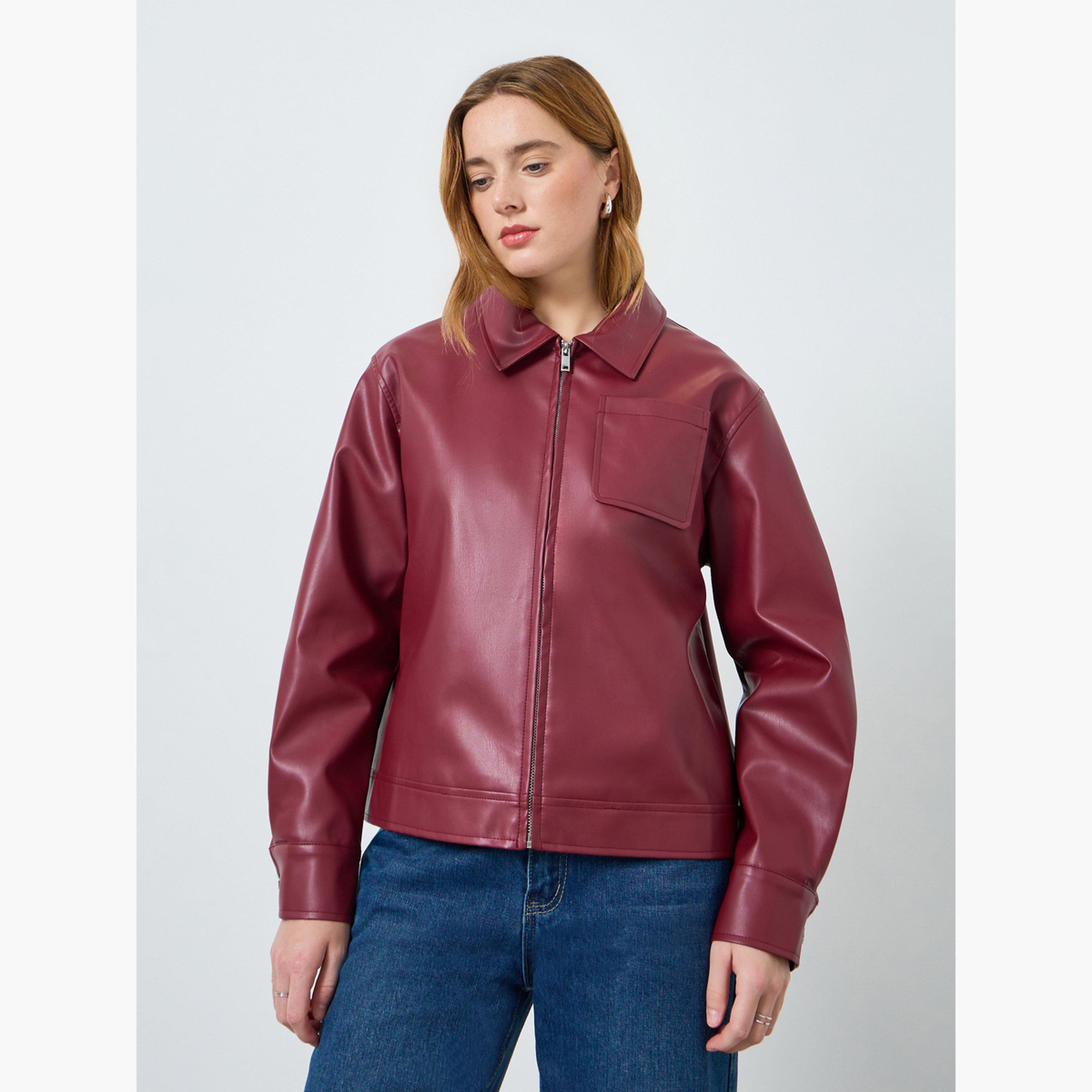 Take Two Women Burgundy Zip Up Faux Leather Jacket-women-winterwear-coatsandjackets-jackets-image-1