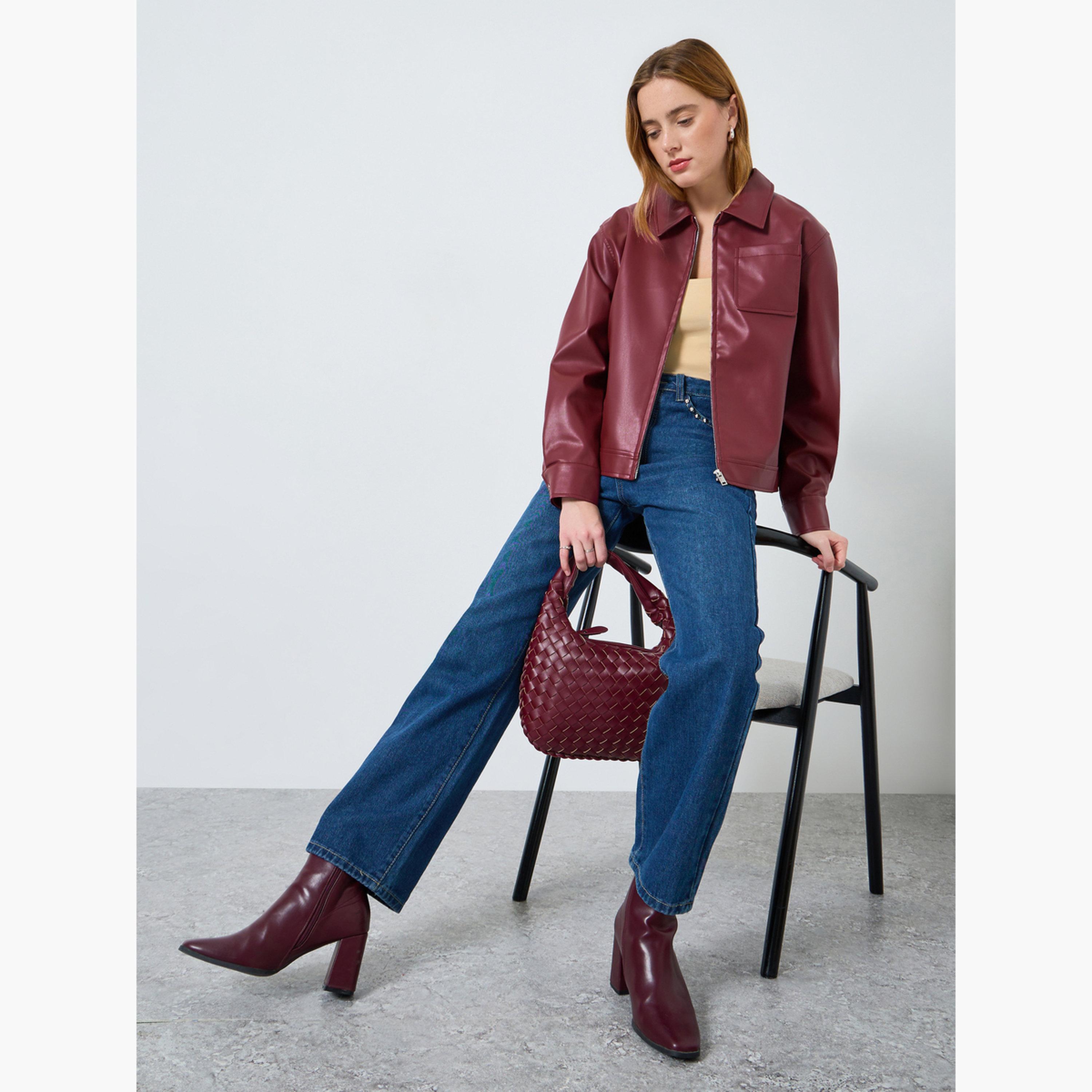 Take Two Women Burgundy Zip Up Faux Leather Jacket-women-winterwear-coatsandjackets-jackets-image-2