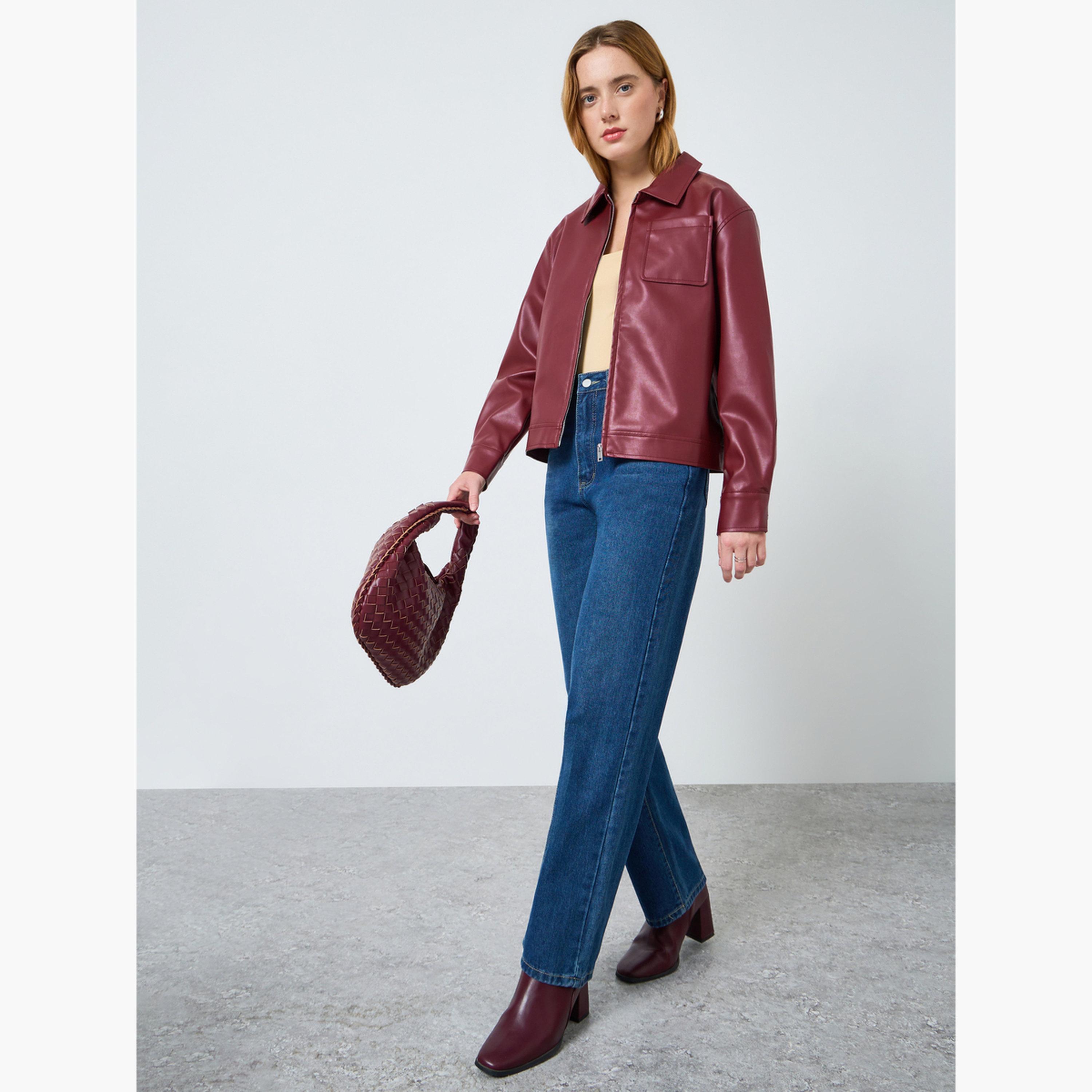 Take Two Women Burgundy Zip Up Faux Leather Jacket-women-winterwear-coatsandjackets-jackets-image-3