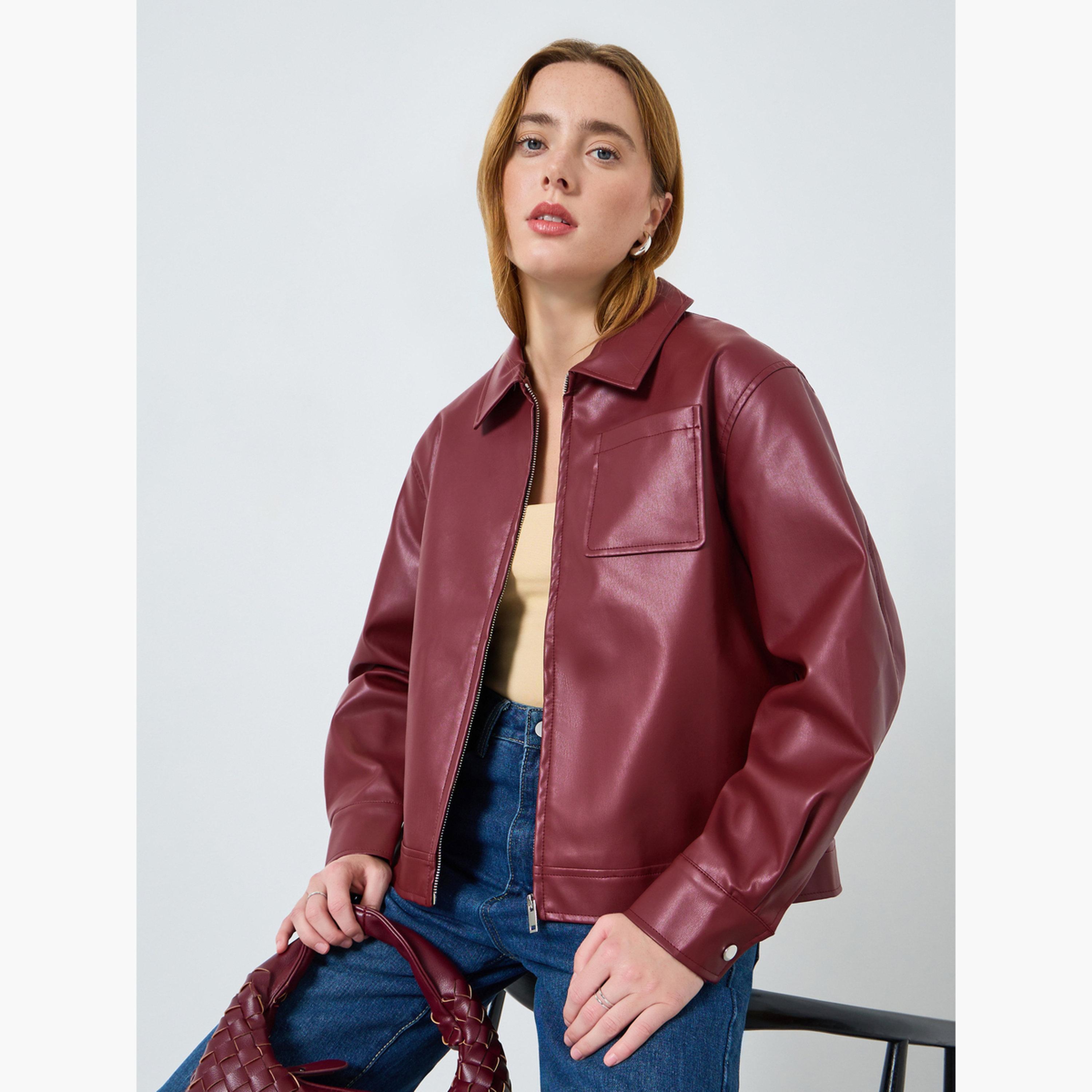 Take Two Women Burgundy Zip Up Faux Leather Jacket-women-winterwear-coatsandjackets-jackets-image-4