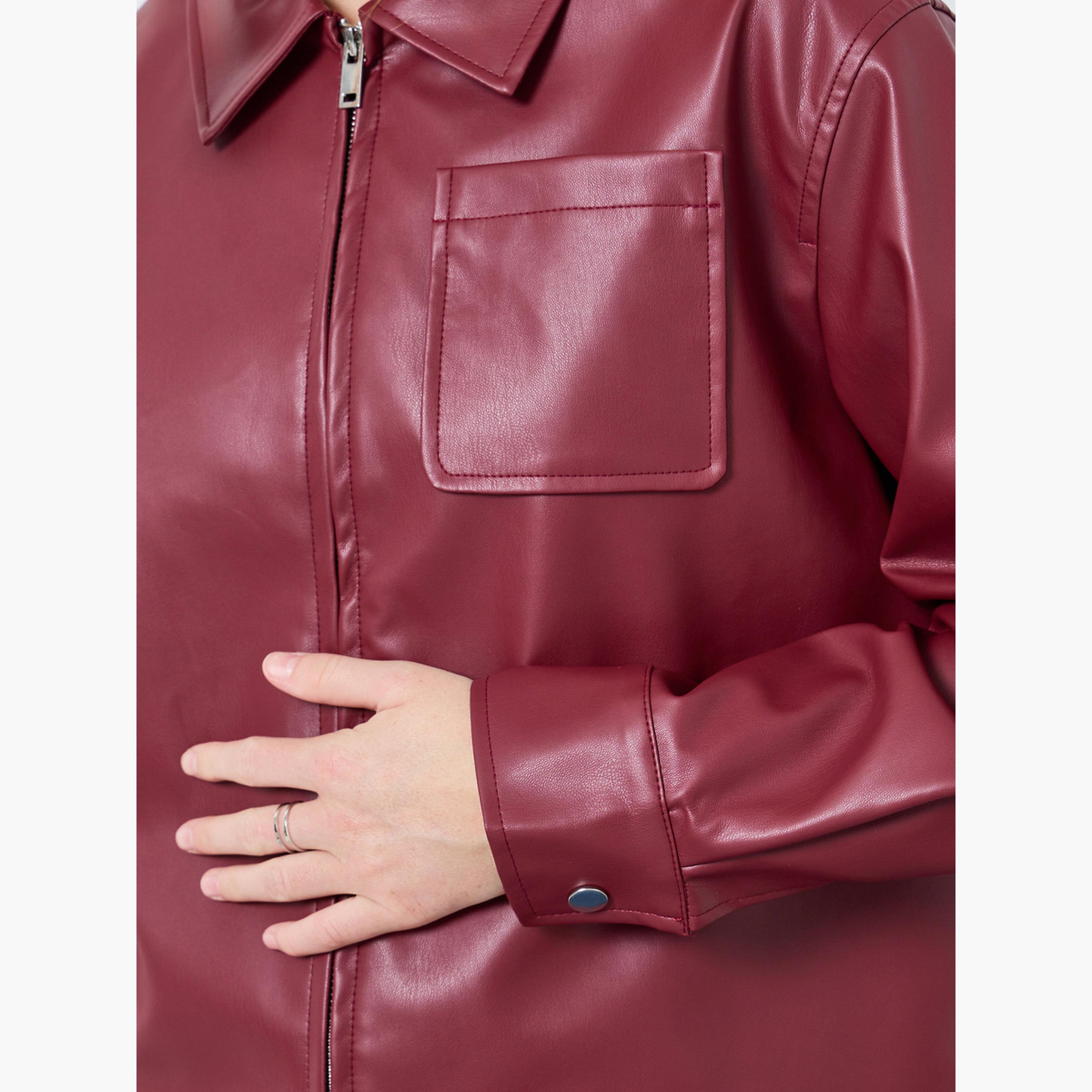 Take Two Women Burgundy Zip Up Faux Leather Jacket-women-winterwear-coatsandjackets-jackets-image-5