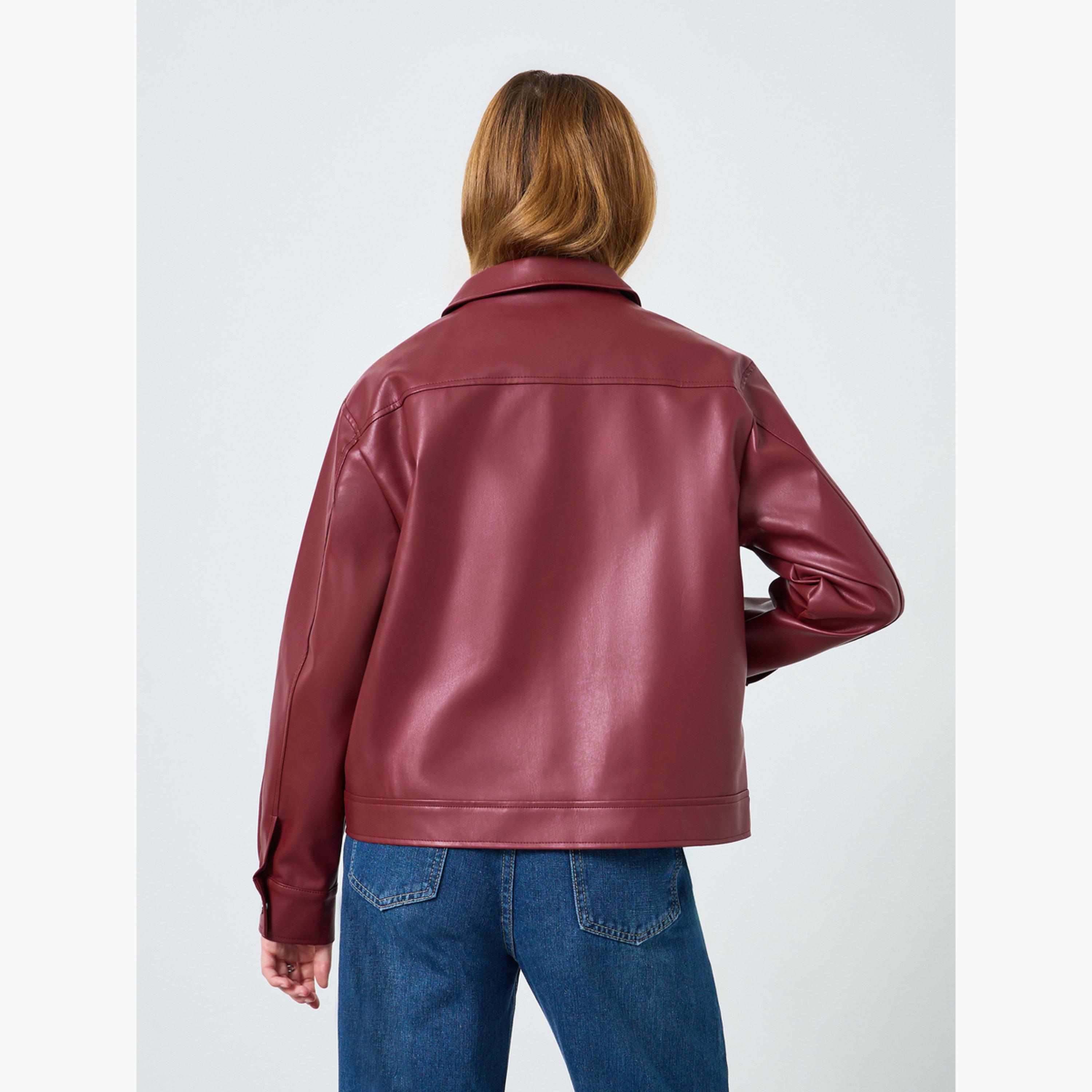 Take Two Women Burgundy Zip Up Faux Leather Jacket-women-winterwear-coatsandjackets-jackets-image-6