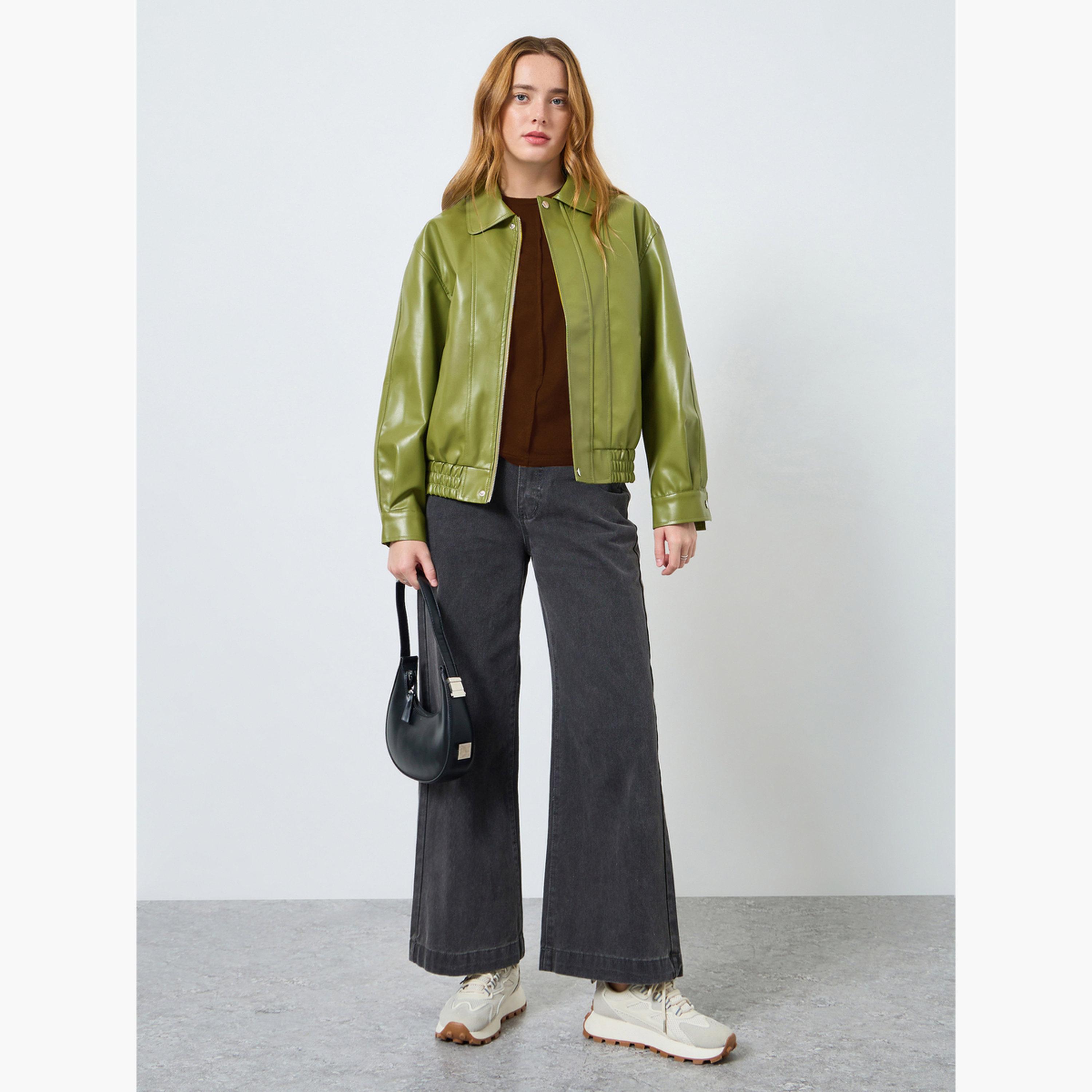 Take Two Women Olive Green Zip Up Faux Leather Jacket-women-winterwear-coatsandjackets-jackets-image-2