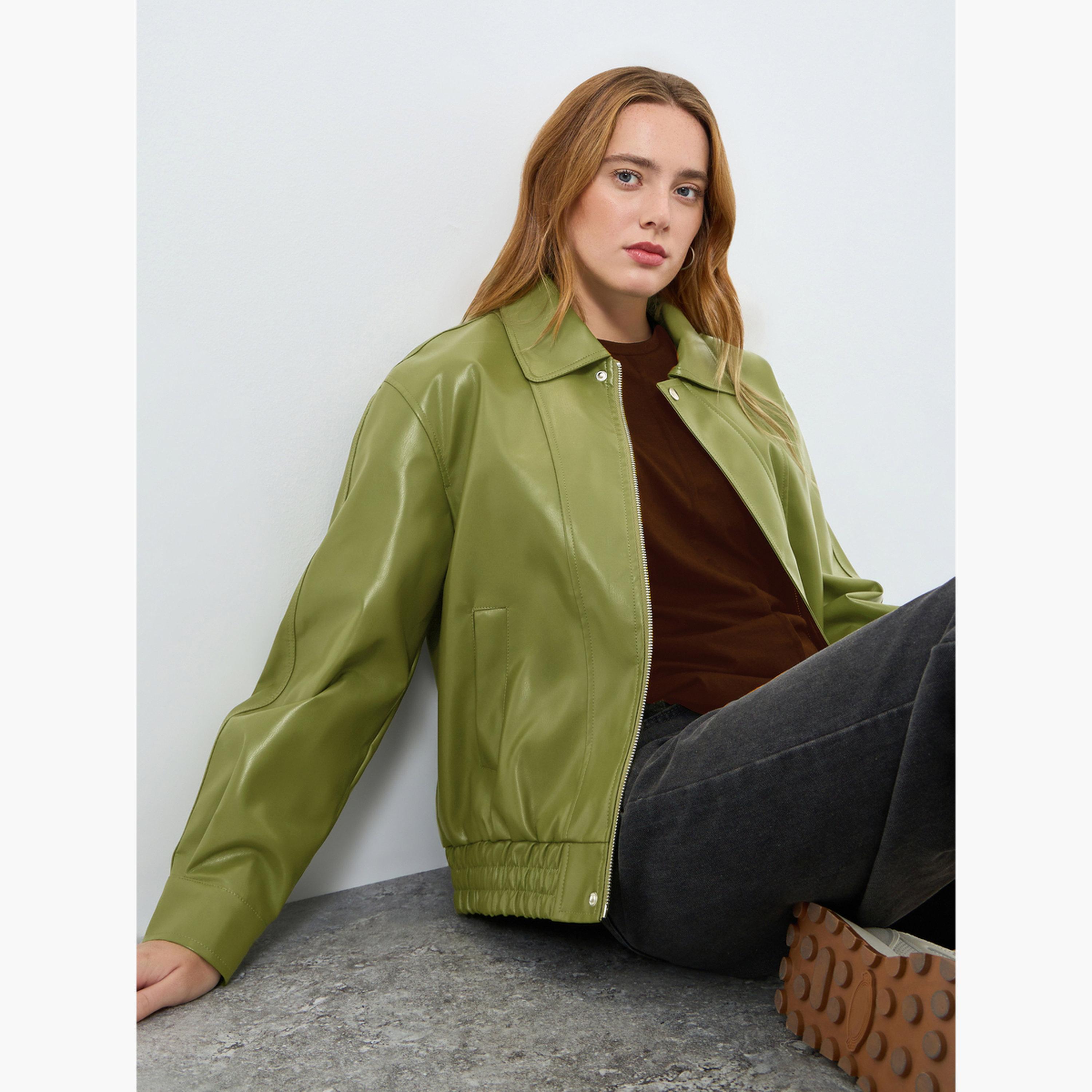 Take Two Women Olive Green Zip Up Faux Leather Jacket-women-winterwear-coatsandjackets-jackets-image-3