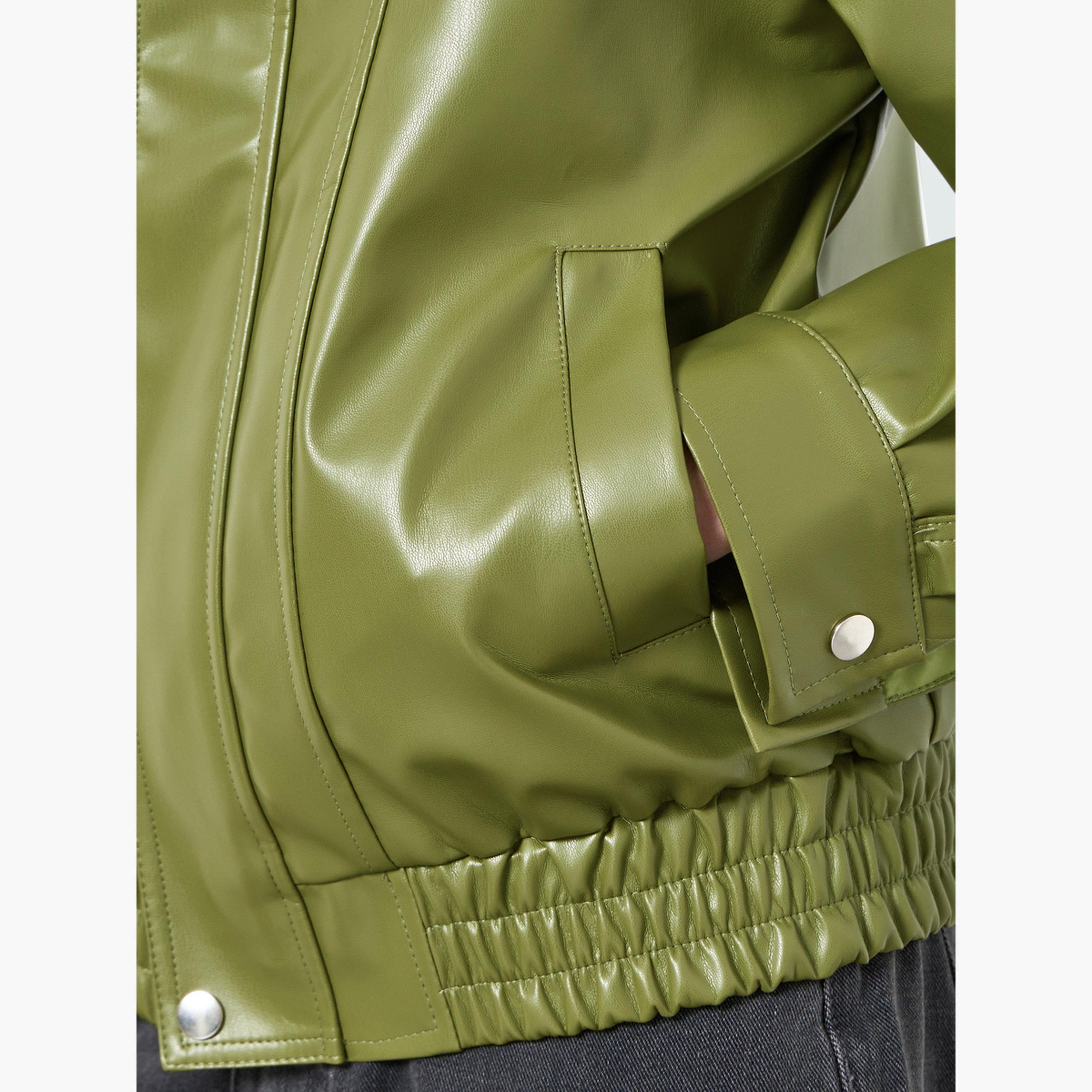 Take Two Women Olive Green Zip Up Faux Leather Jacket-women-winterwear-coatsandjackets-jackets-image-4