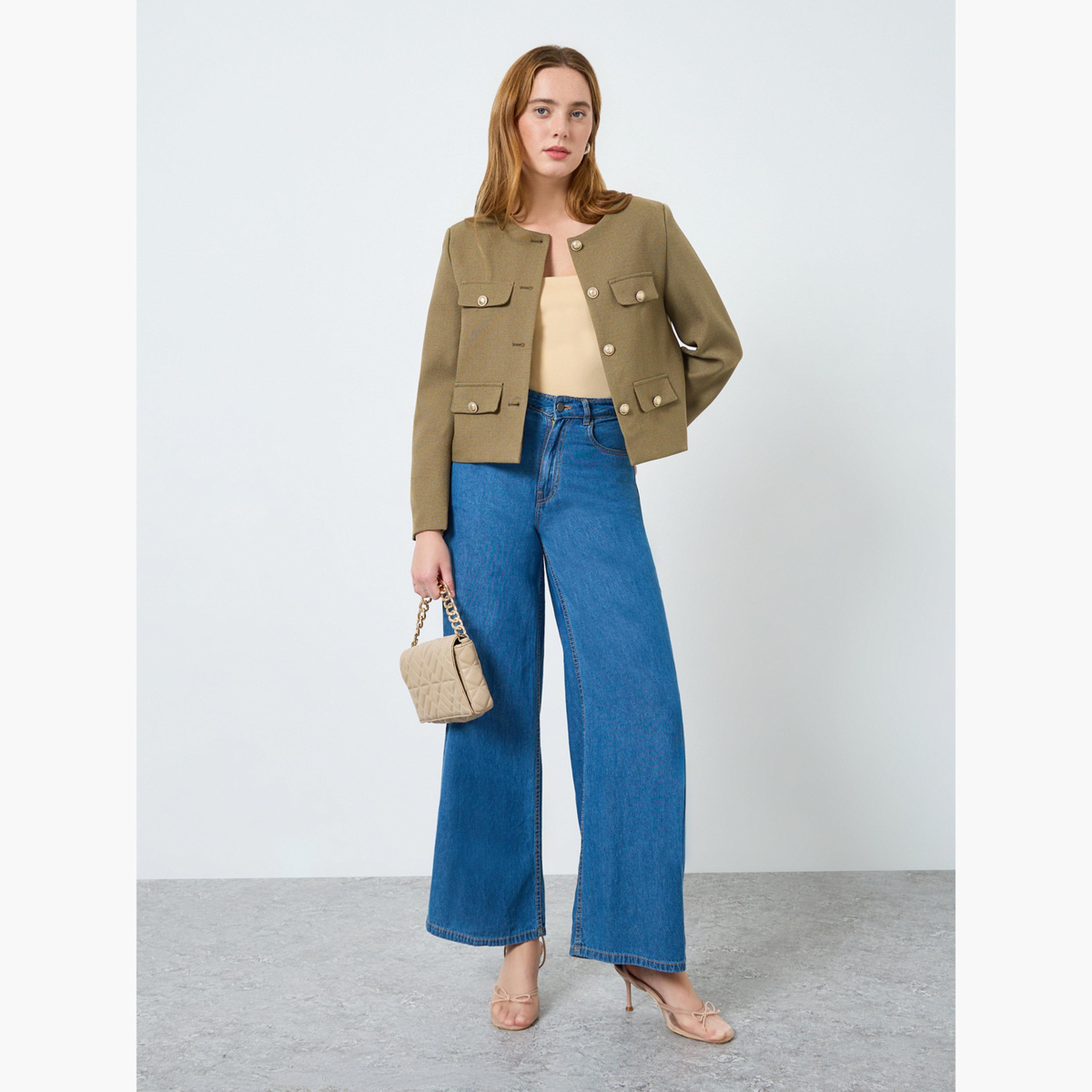 معطف سادة بياقة دائرية وأزرار-women-winterwear-coatsandjackets-jackets-image-4