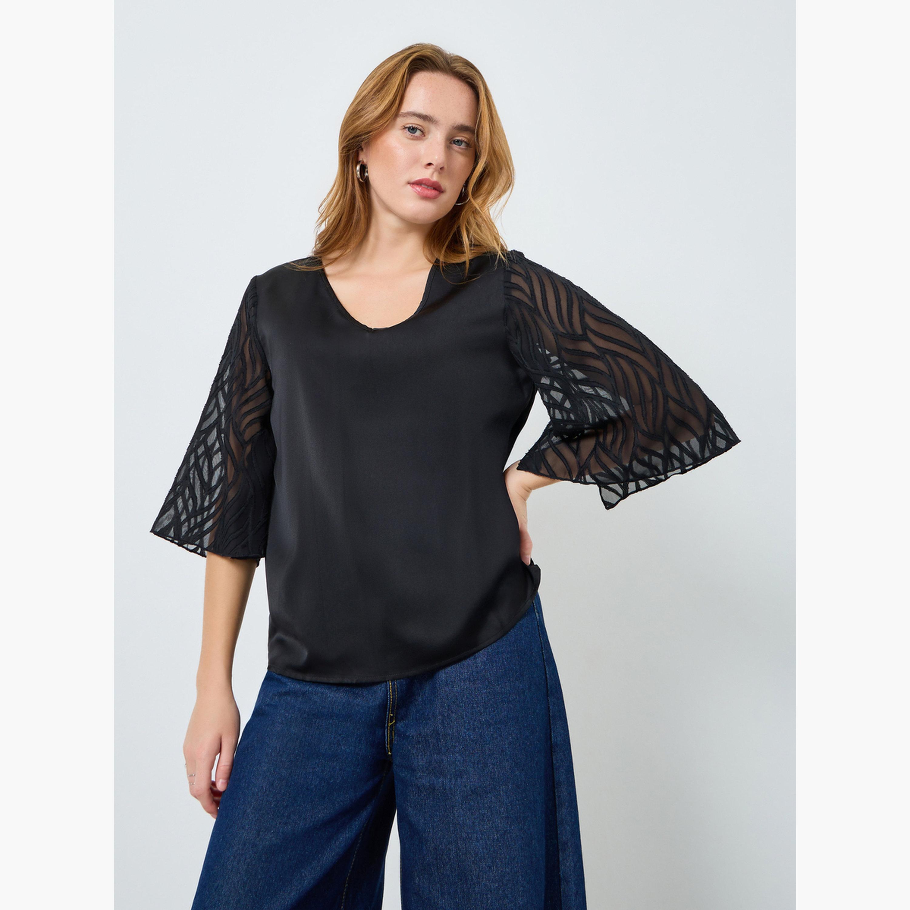 Take Two Women Black Butterfly Sleeve Textured Top-women-clothing-shirtsandblouses-blouses-image-1