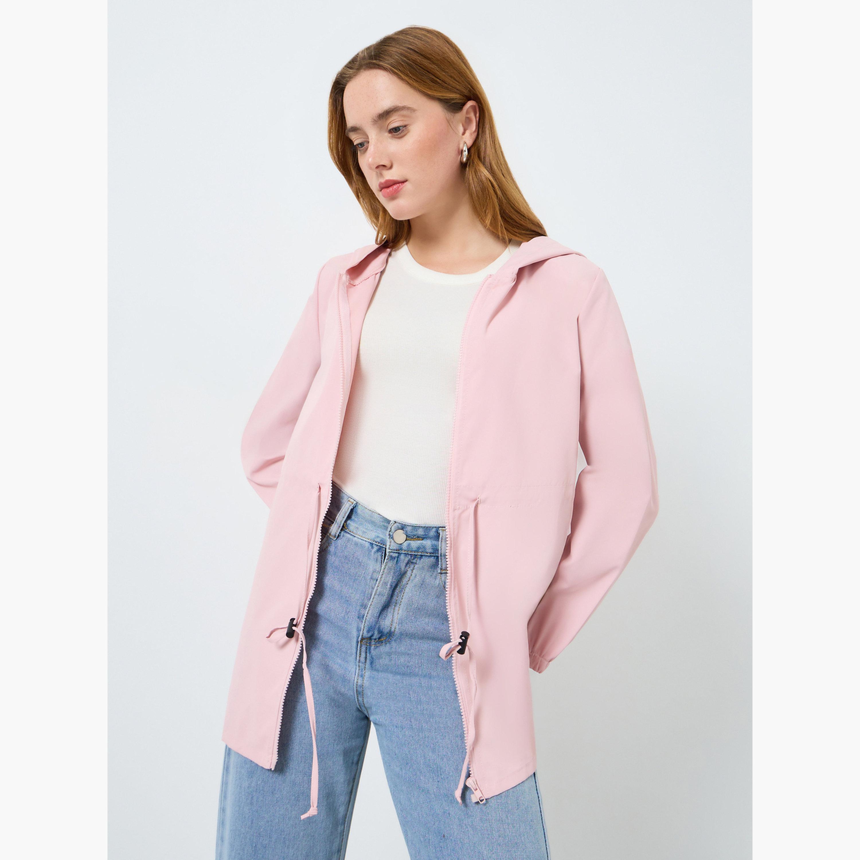 جاكيت سادة بسحاب ورباط عند الخصر بياقة هودي-women-winterwear-coatsandjackets-jackets-image-1