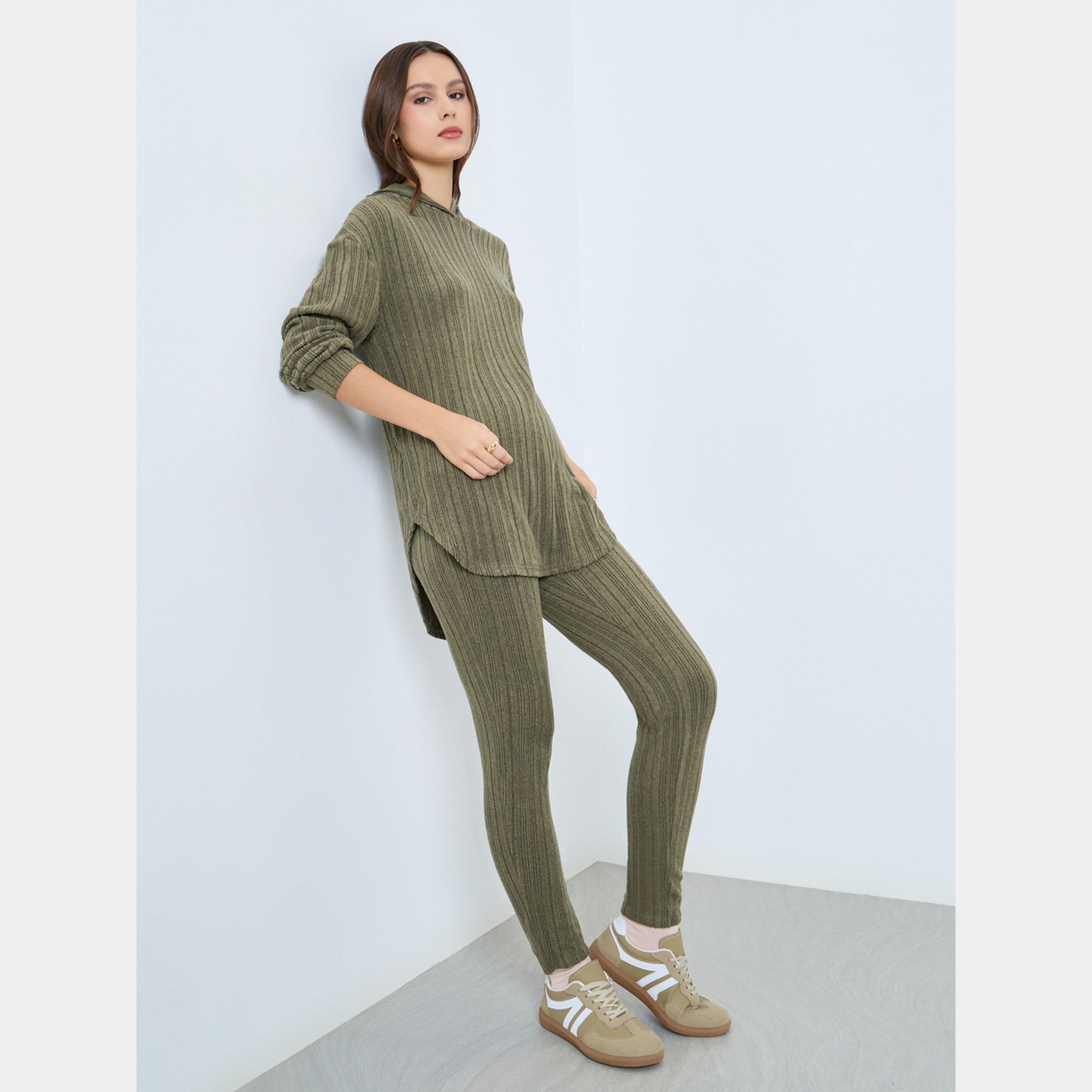 تيك تو - هودي مع ليقنز/ فيزون مضلع باللون الزيتوني-women-clothing-coordsets-image-1