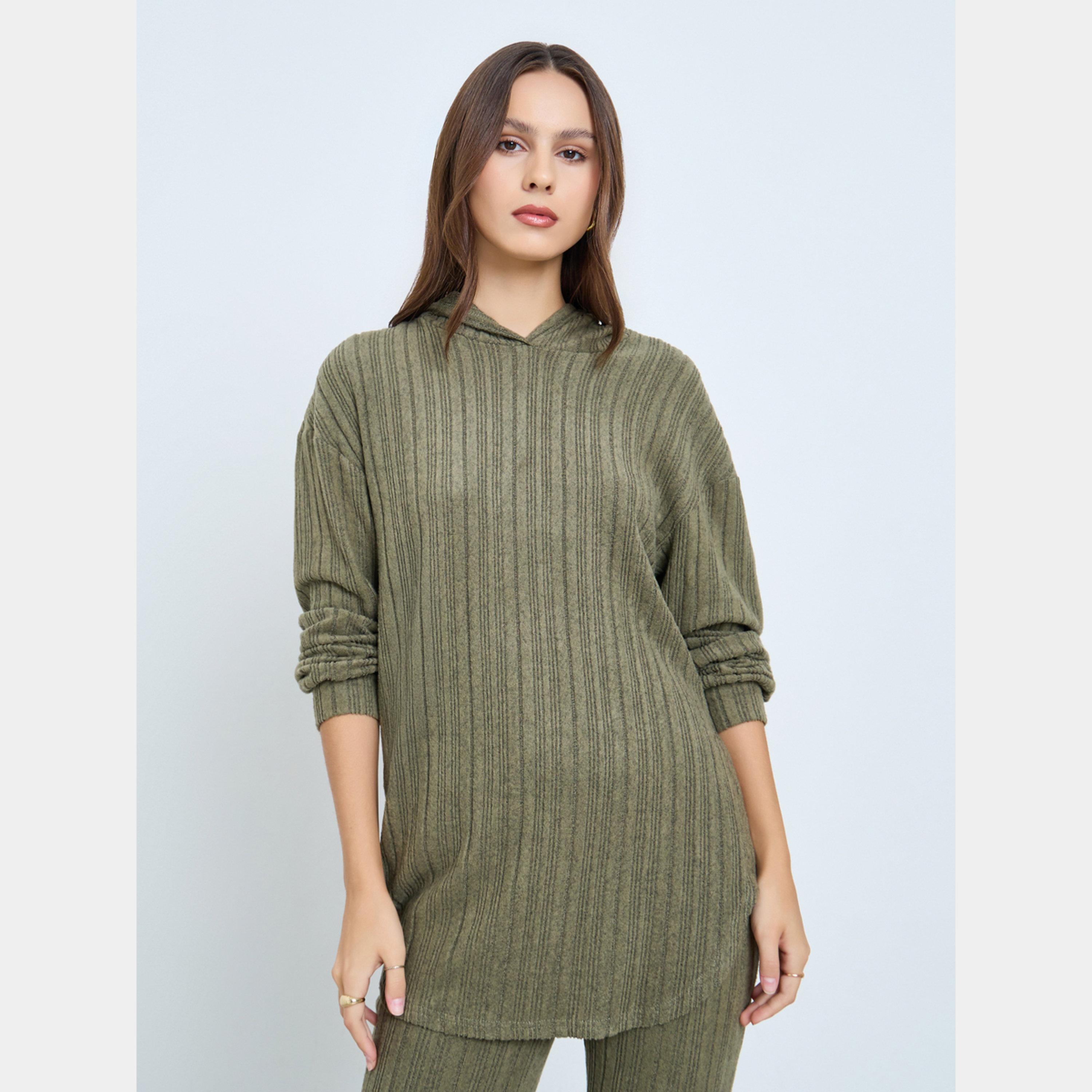 تيك تو - هودي مع ليقنز/ فيزون مضلع باللون الزيتوني-women-clothing-coordsets-image-2