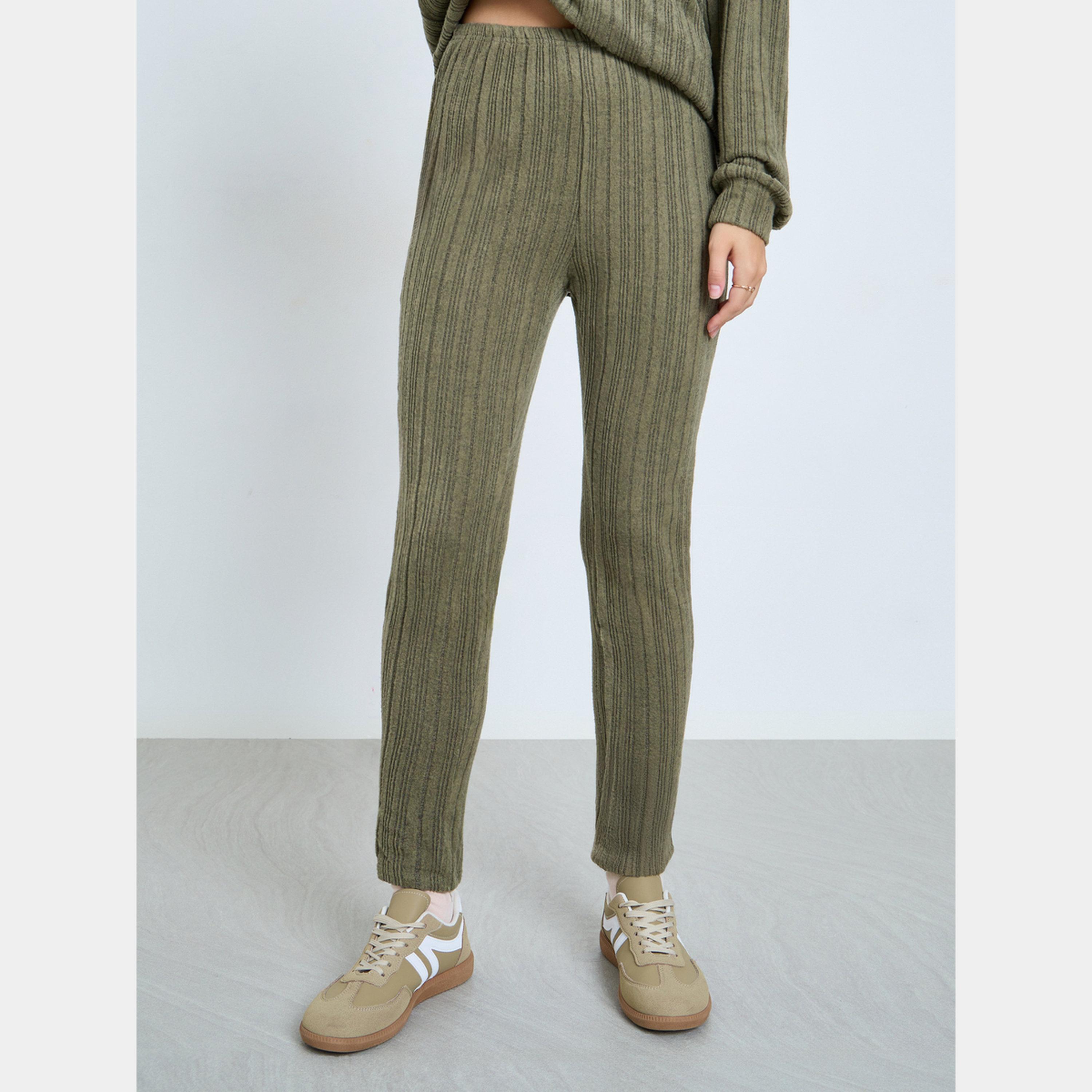 تيك تو - هودي مع ليقنز/ فيزون مضلع باللون الزيتوني-women-clothing-coordsets-image-3