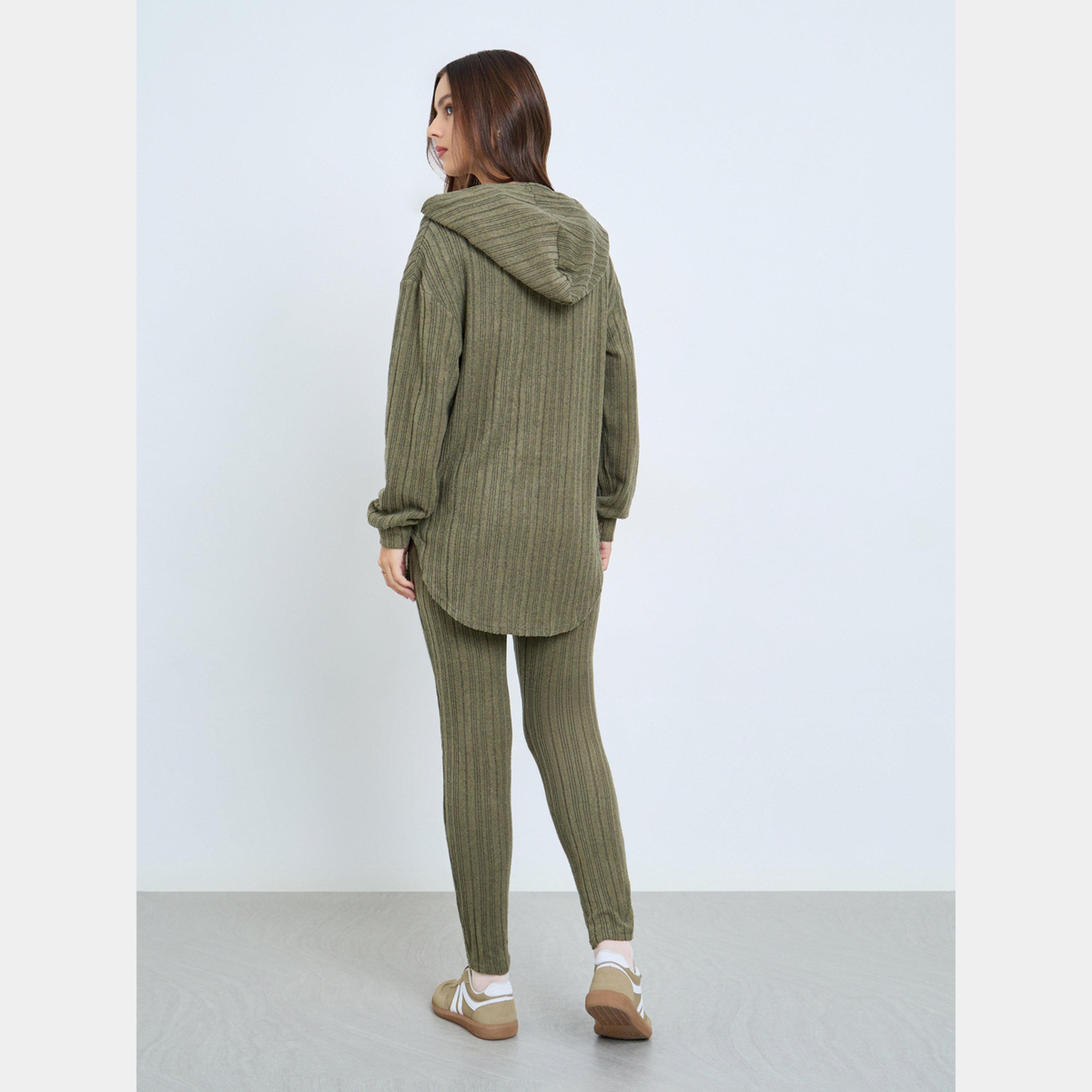 تيك تو - هودي مع ليقنز/ فيزون مضلع باللون الزيتوني-women-clothing-coordsets-image-5