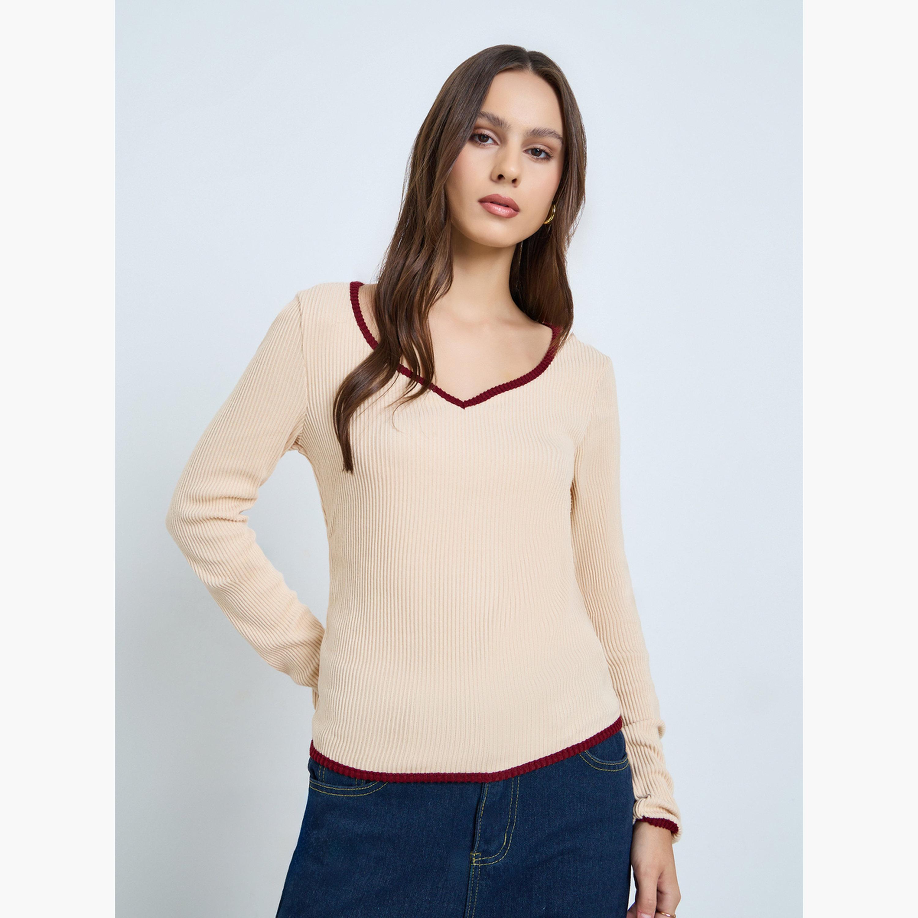 Take Two Women Beige Long Sleeve Ribbed Top-women-clothing-tshirts-image-1