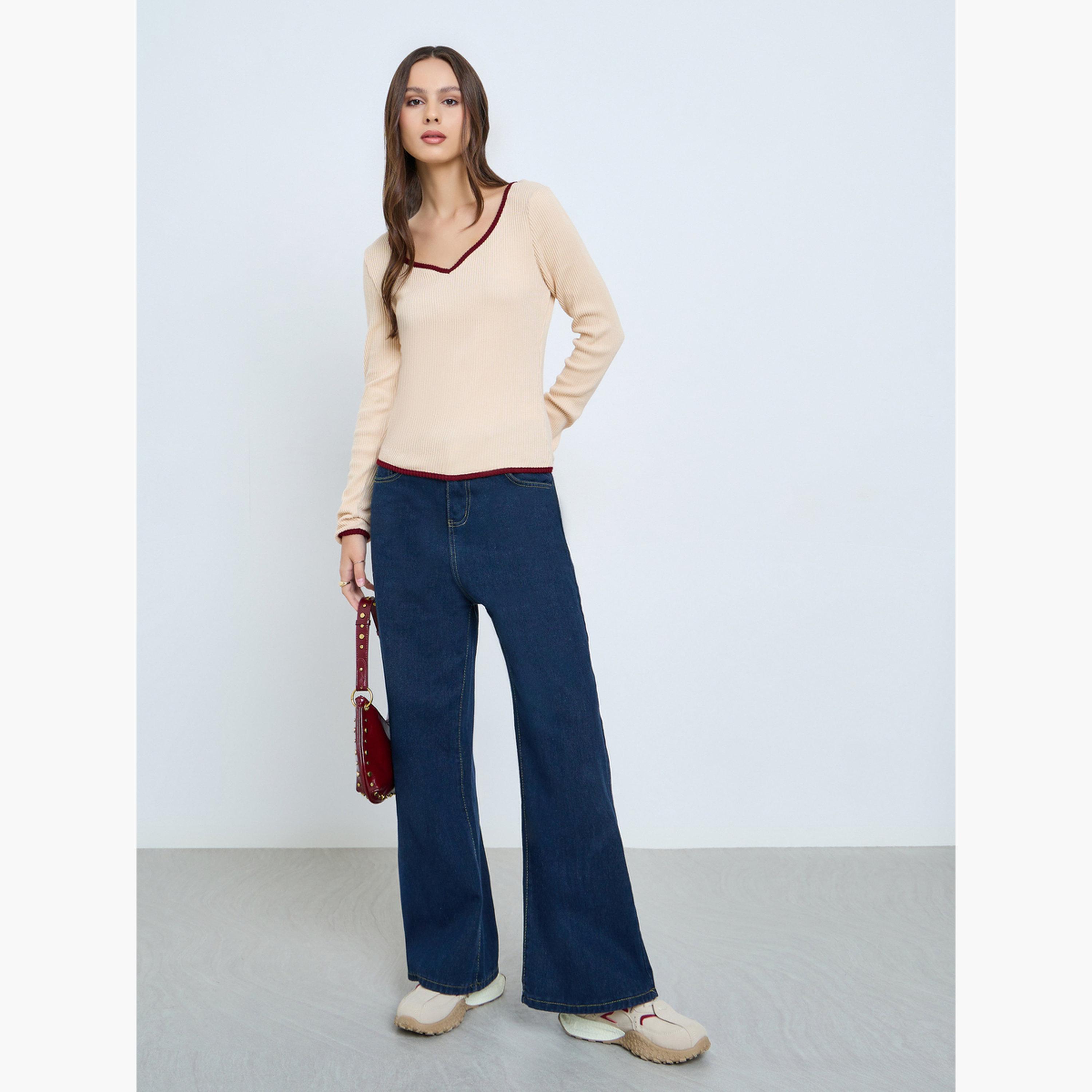 تيك تو - بلوزة نسائية مضلعة بأكمام طويلة باللون البيج-women-clothing-tshirts-image-2