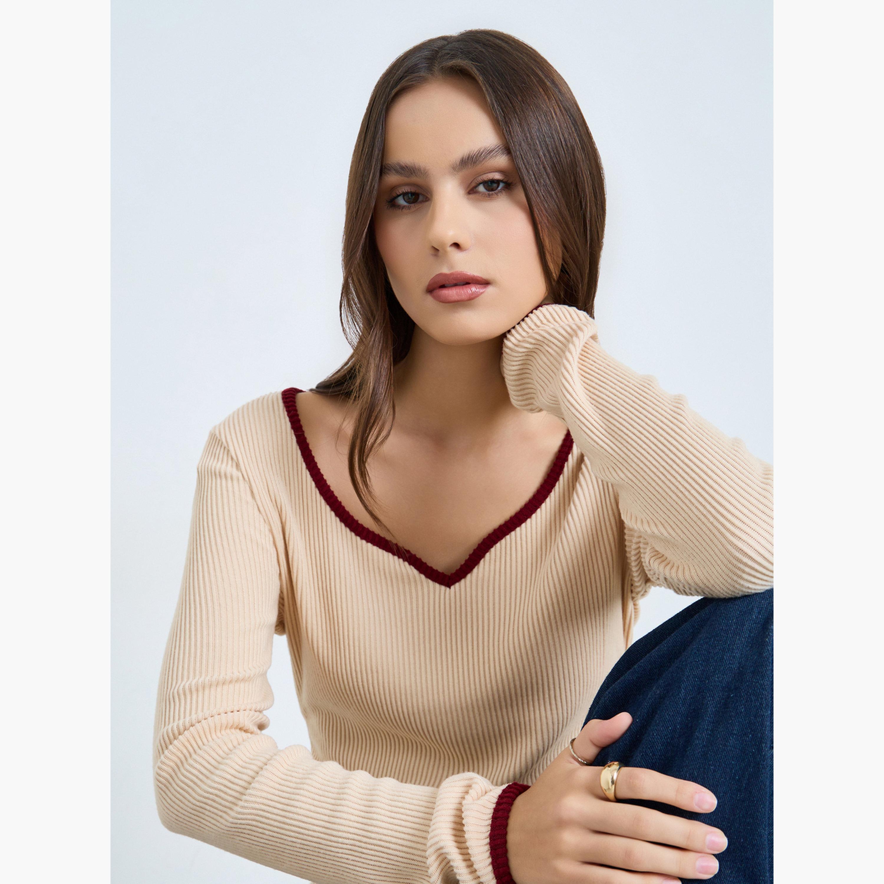 Take Two Women Beige Long Sleeve Ribbed Top-women-clothing-tshirts-image-3