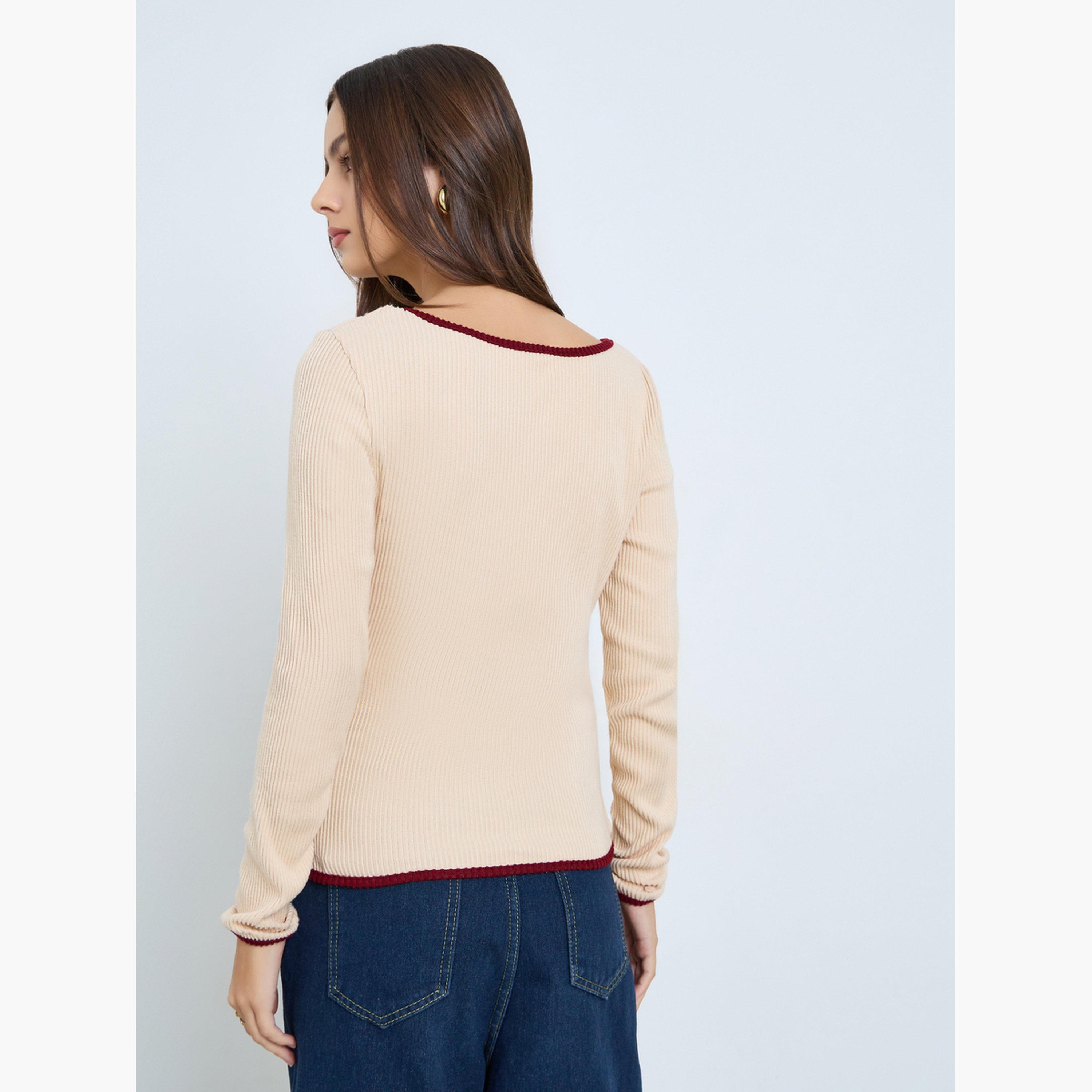 تيك تو - بلوزة نسائية مضلعة بأكمام طويلة باللون البيج-women-clothing-tshirts-image-5