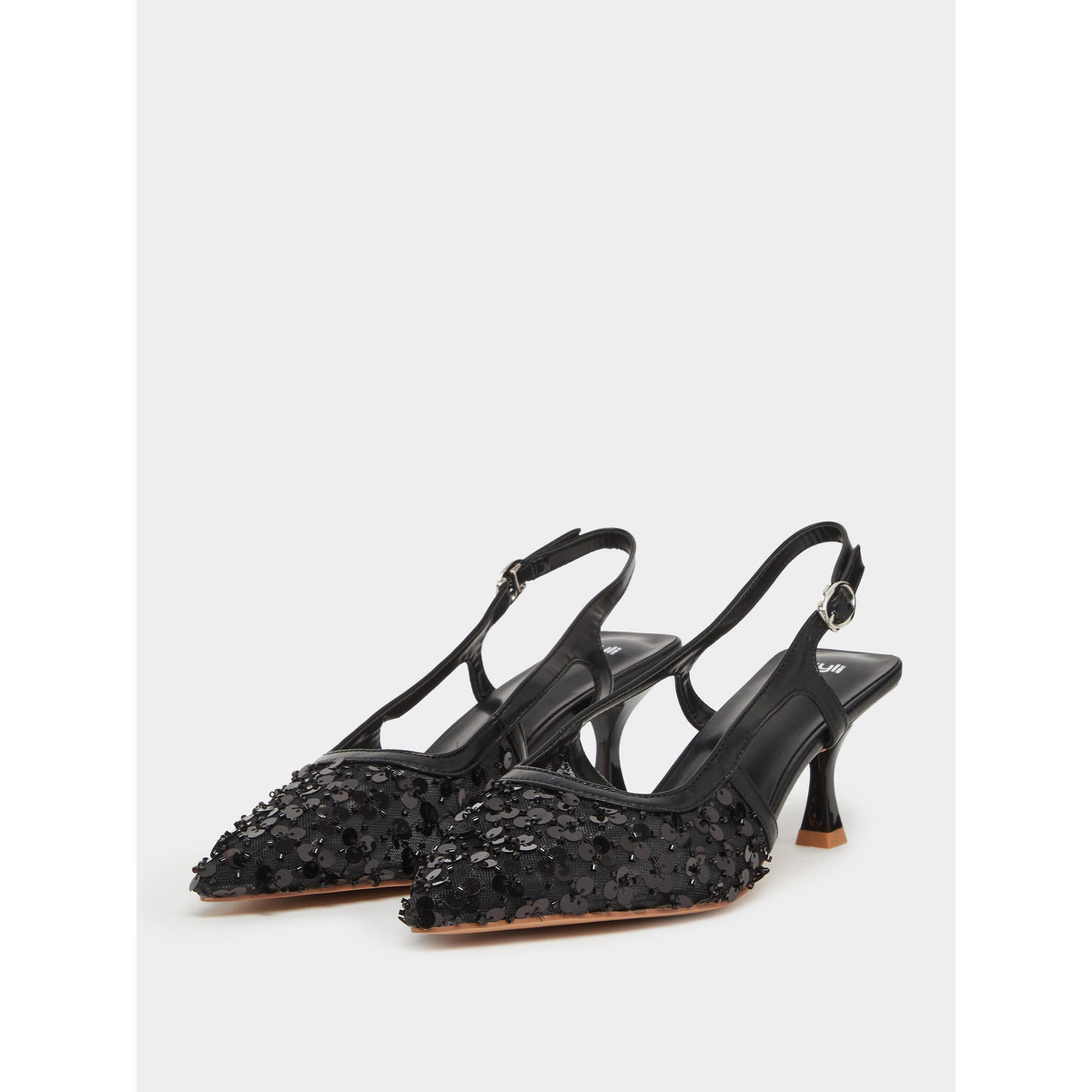 Styli Women Black Sequin Slingback Kitten Heels Shoes-women-shoes-heels-image-1