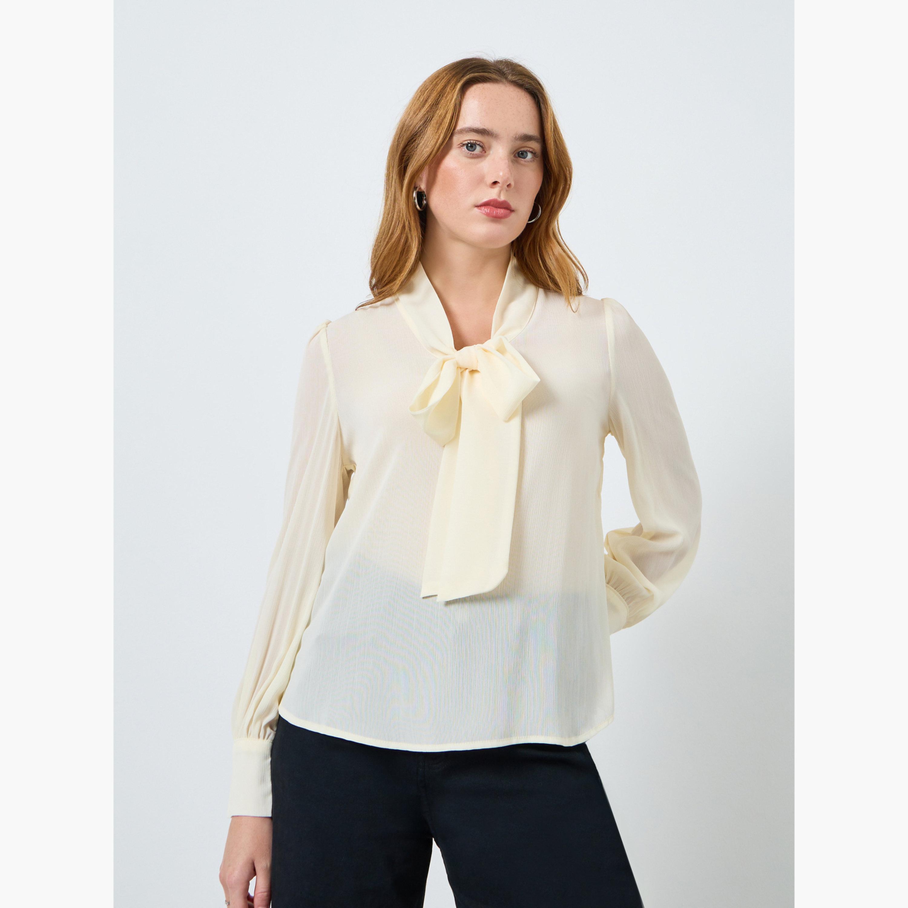 بلوزة شيفون سادة بأكمام طويلة ورباط عند الرقبة-women-clothing-shirtsandblouses-blouses-image-1