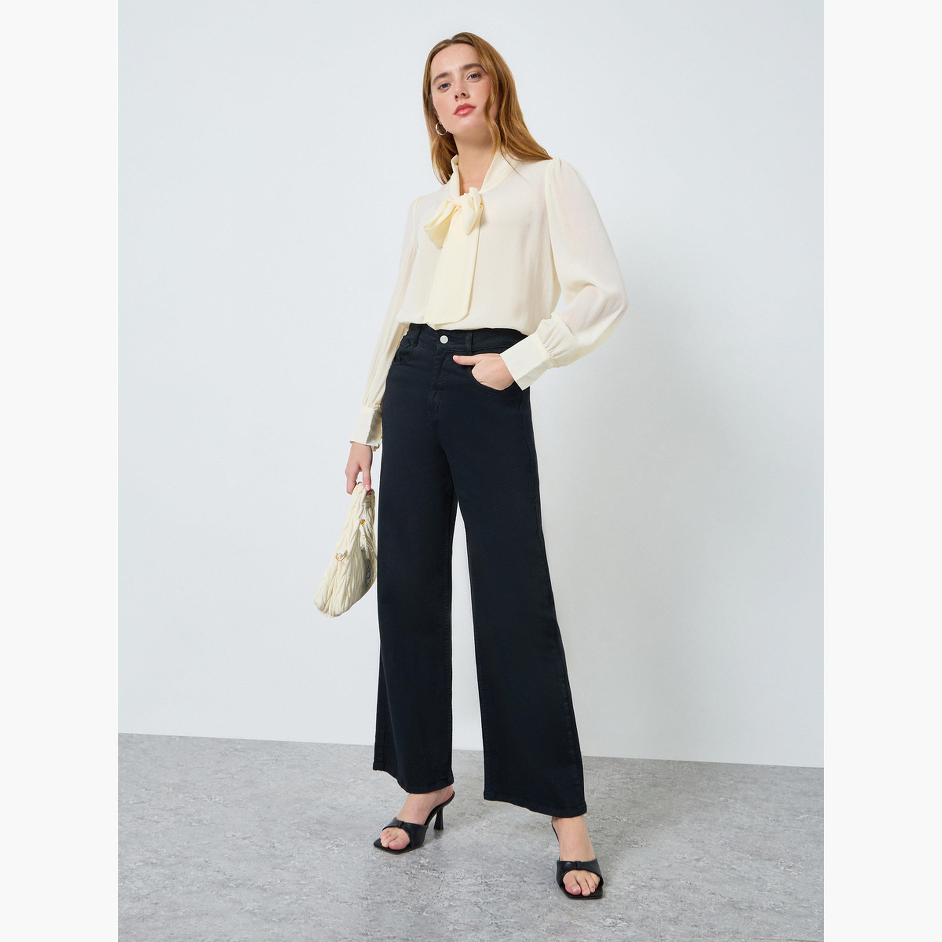 بلوزة شيفون سادة بأكمام طويلة ورباط عند الرقبة-women-clothing-shirtsandblouses-blouses-image-2