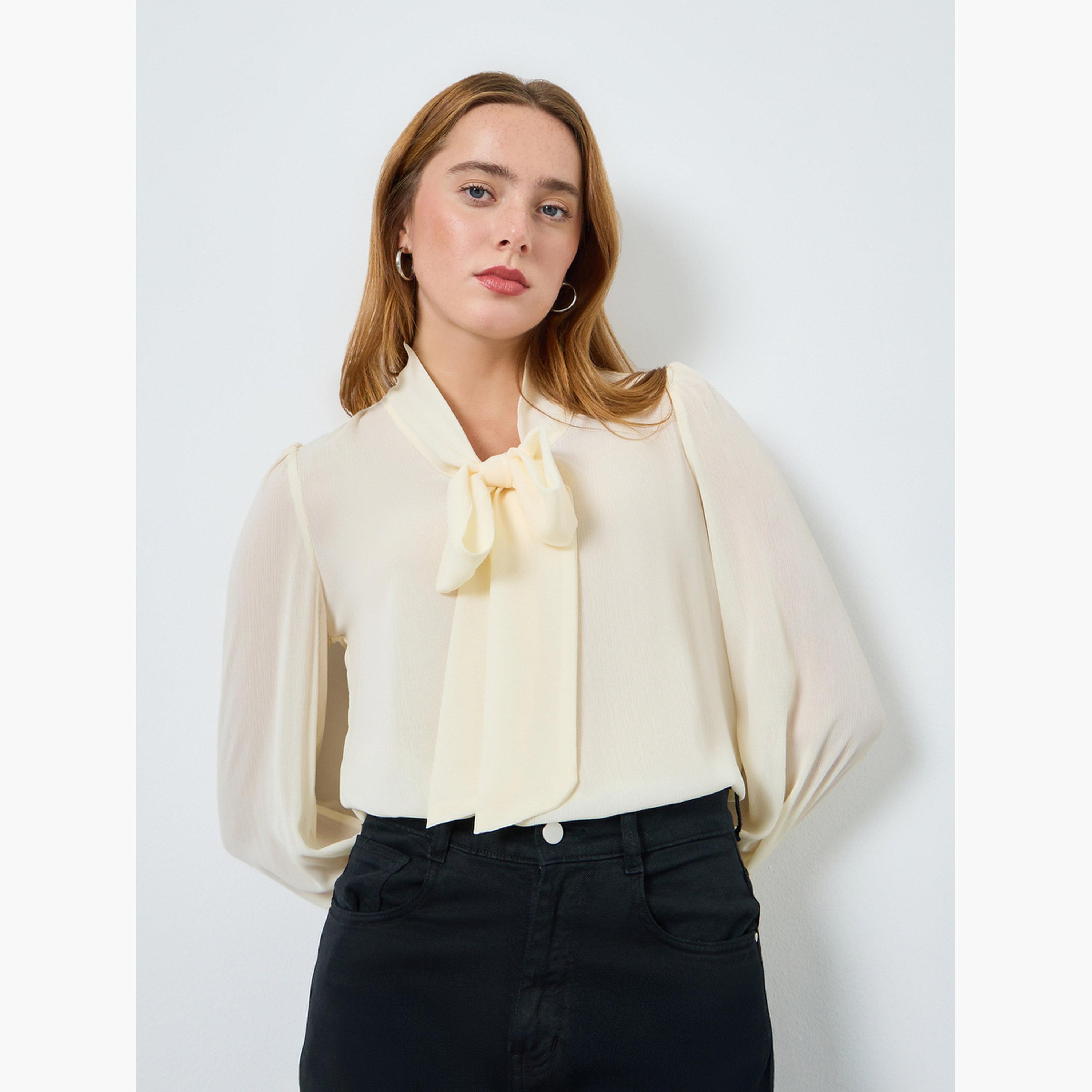 بلوزة شيفون سادة بأكمام طويلة ورباط عند الرقبة-women-clothing-shirtsandblouses-blouses-image-3