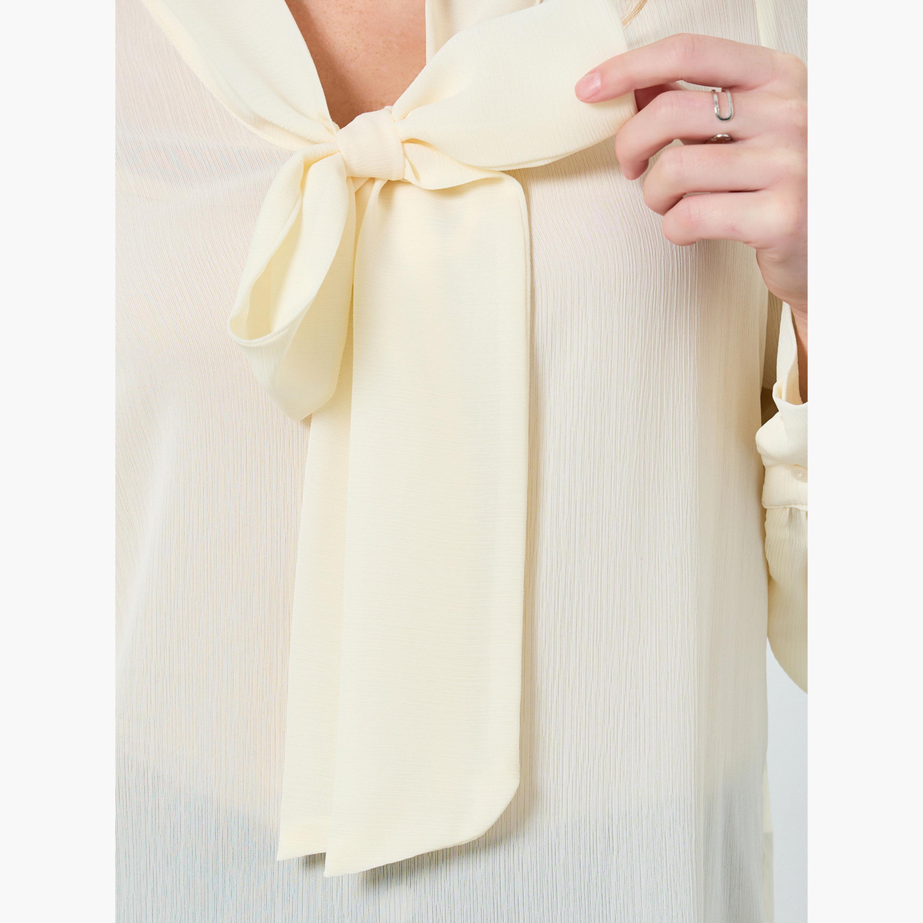 بلوزة شيفون سادة بأكمام طويلة ورباط عند الرقبة-women-clothing-shirtsandblouses-blouses-image-4
