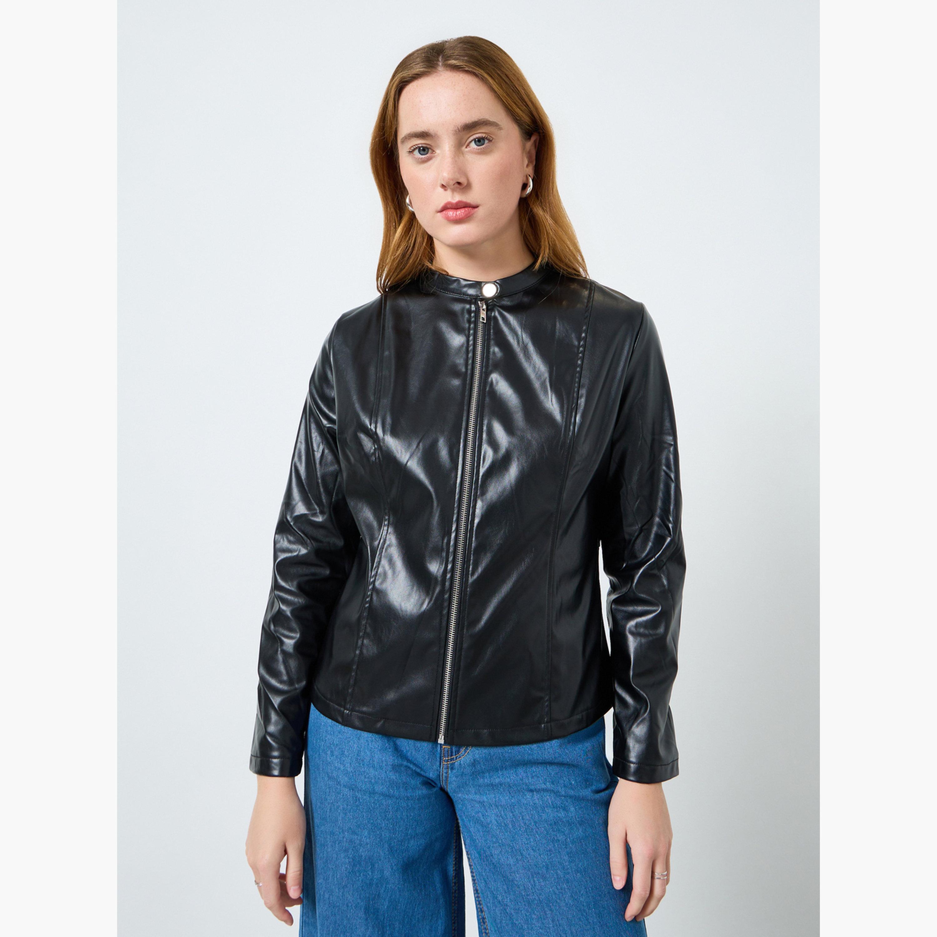 جاكيت بايكر سادة بأكمام طويلة وسحاب-women-winterwear-coatsandjackets-jackets-image-1