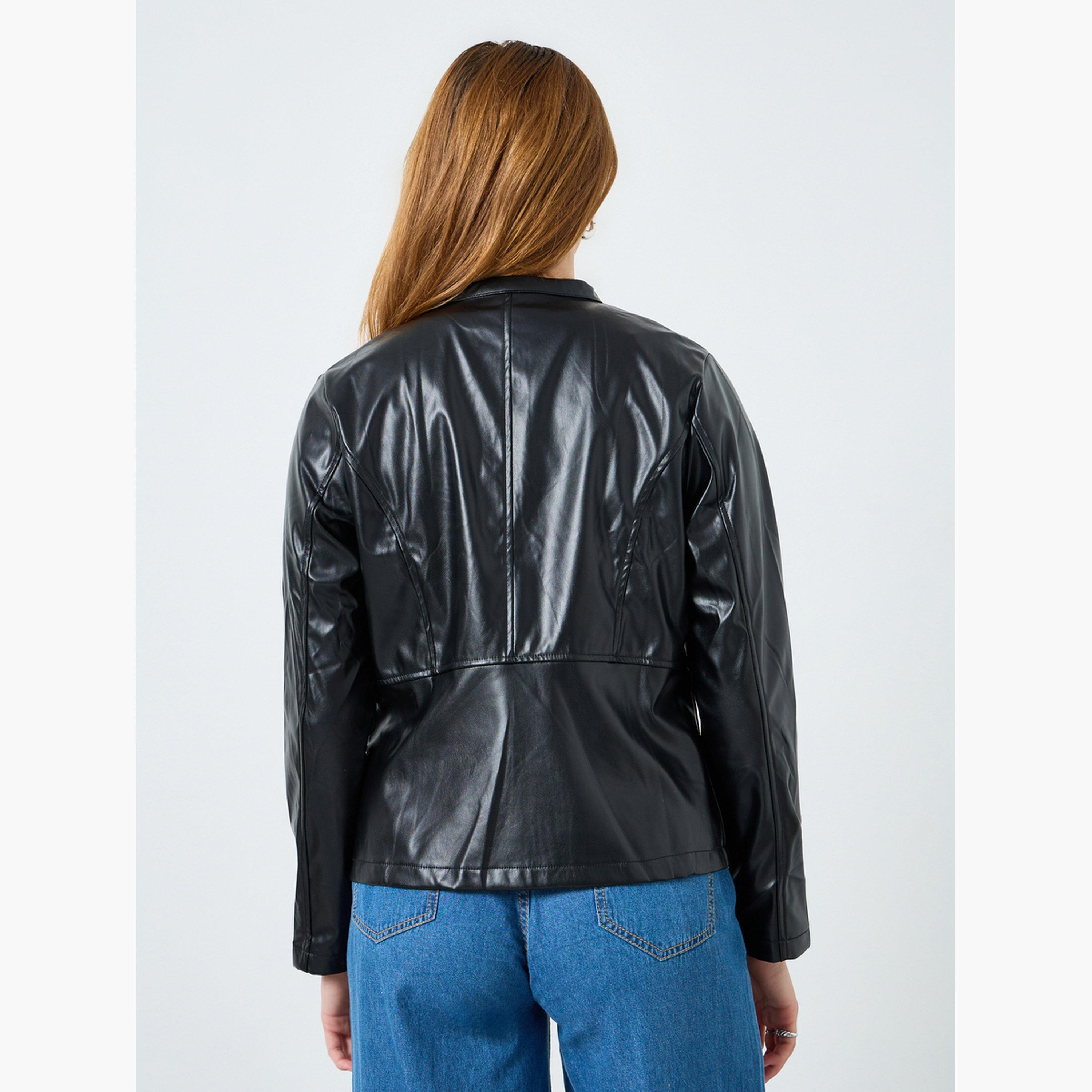 جاكيت بايكر سادة بأكمام طويلة وسحاب-women-winterwear-coatsandjackets-jackets-image-5