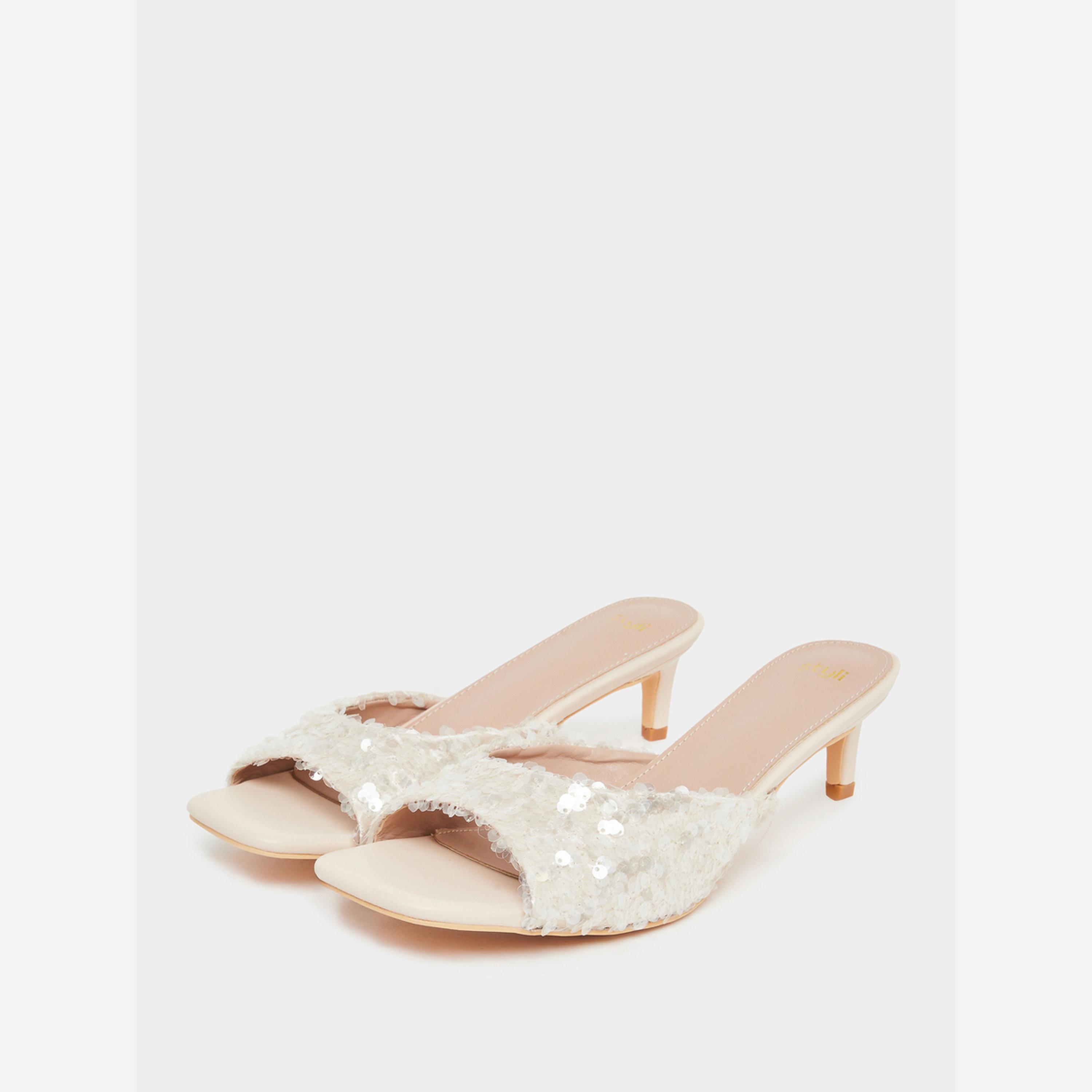 Styli Women Beige Sequin Low Heel Sandals-women-shoes-sandals-heeled-image-1