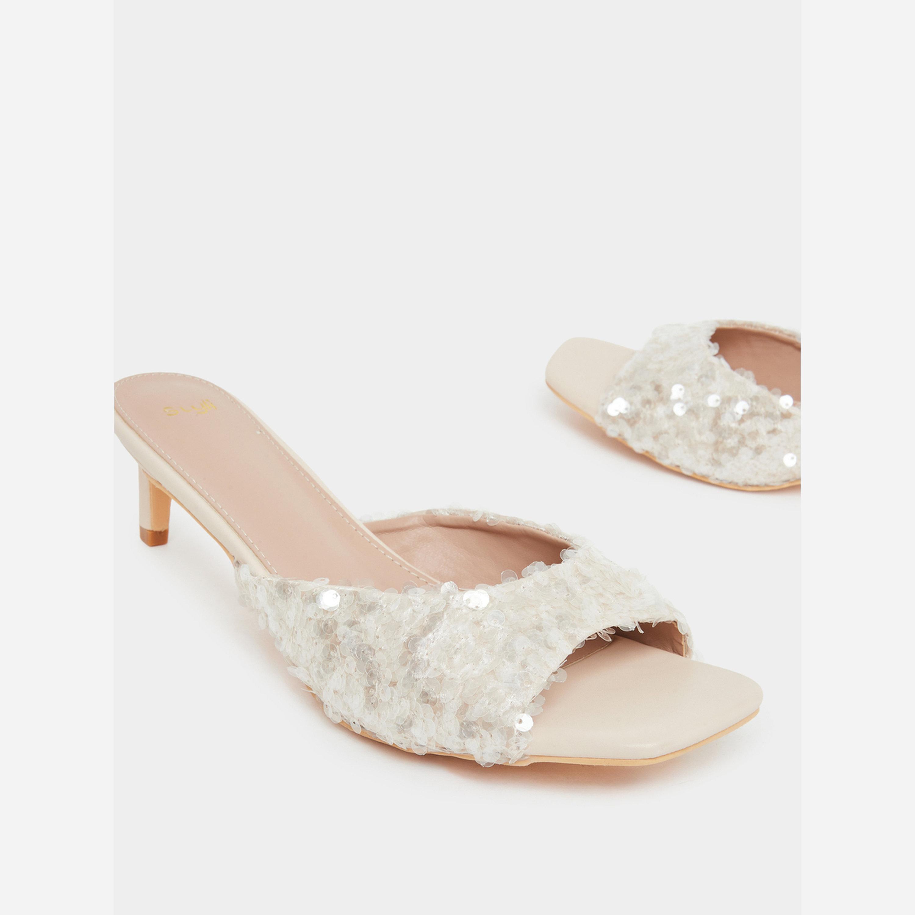 Styli Women Beige Sequin Low Heel Sandals-women-shoes-sandals-heeled-image-3