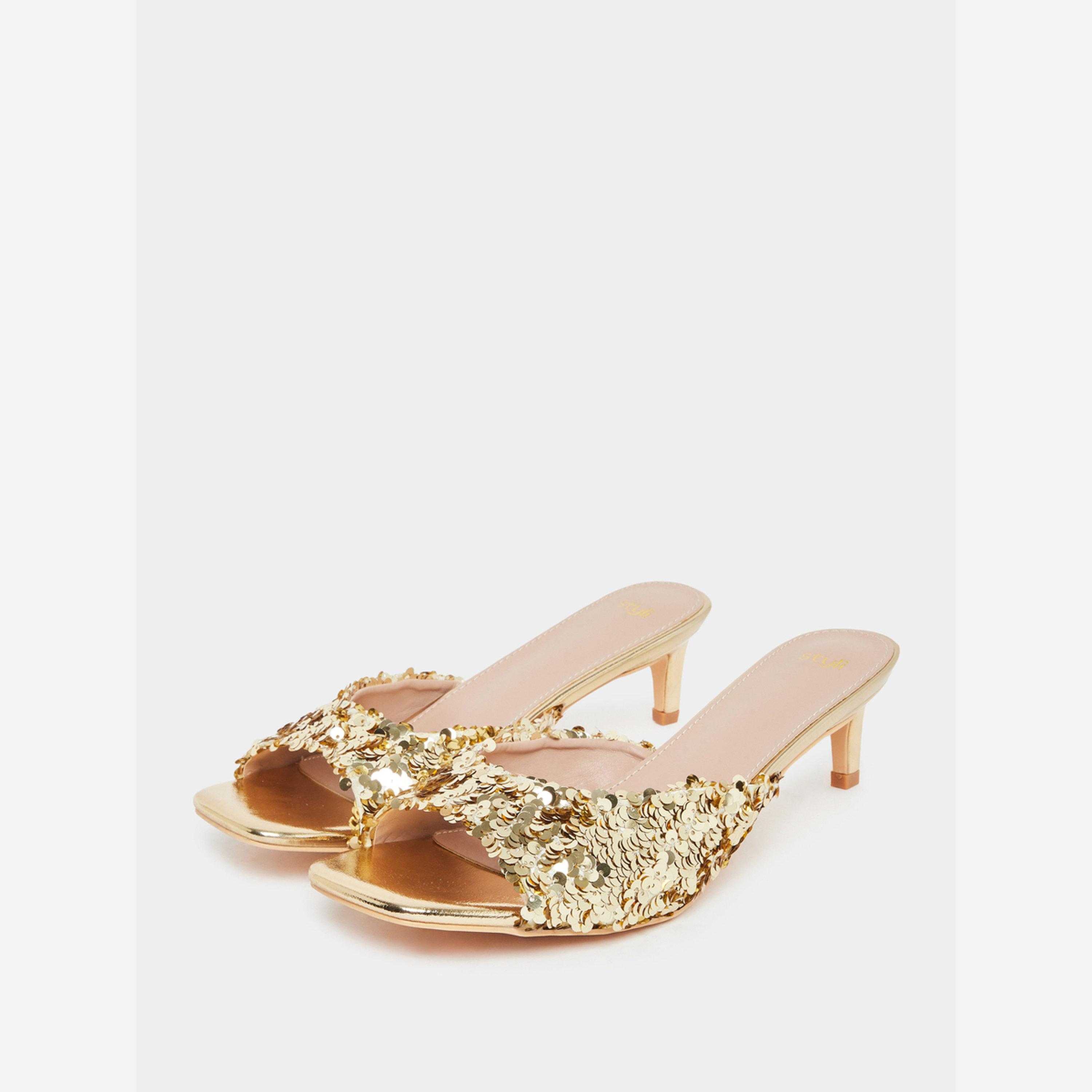 ستايلي - صندل نسائي بكعب منخفض مزين بالترتر الذهبي-women-shoes-sandals-heeled-image-1