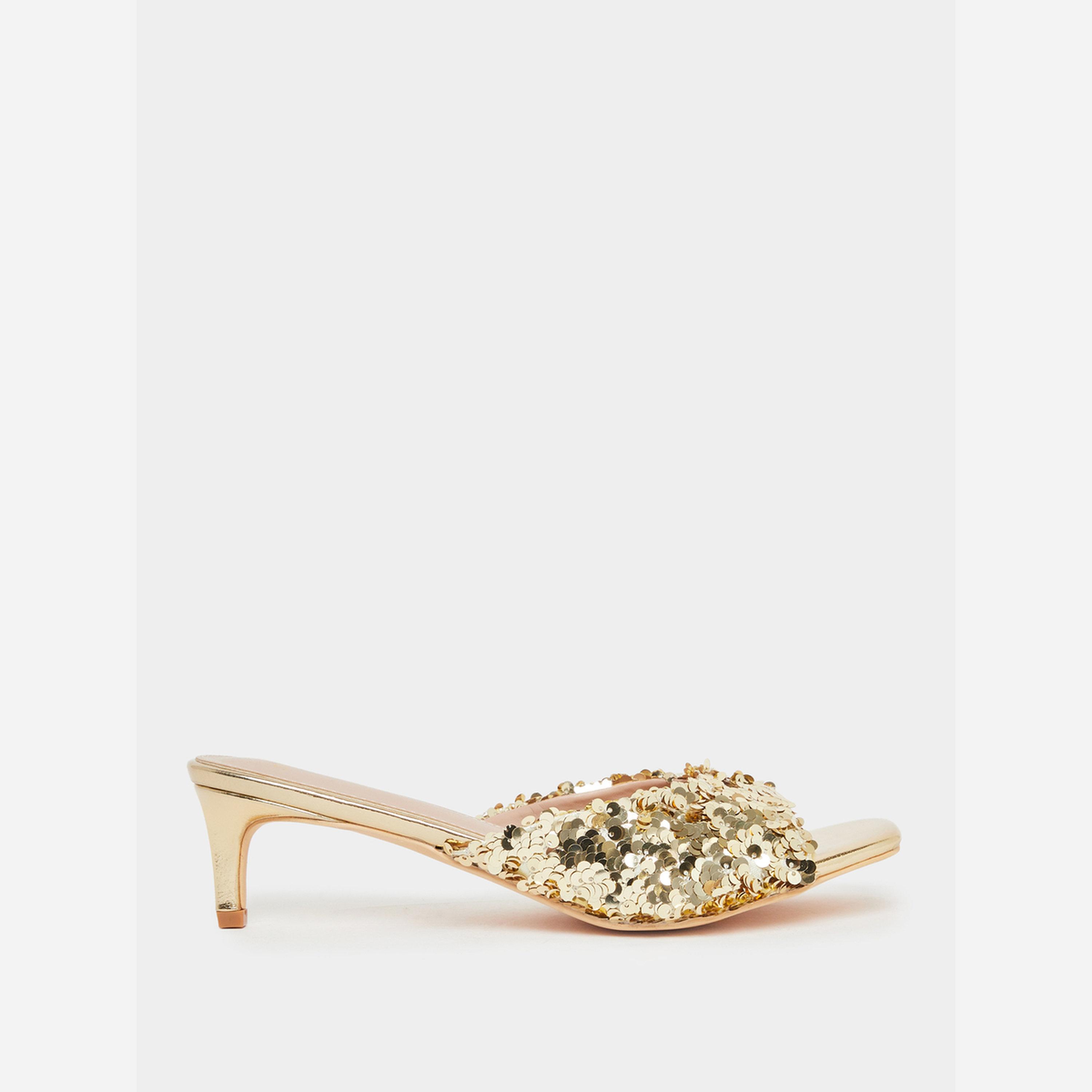 ستايلي - صندل نسائي بكعب منخفض مزين بالترتر الذهبي-women-shoes-sandals-heeled-image-2