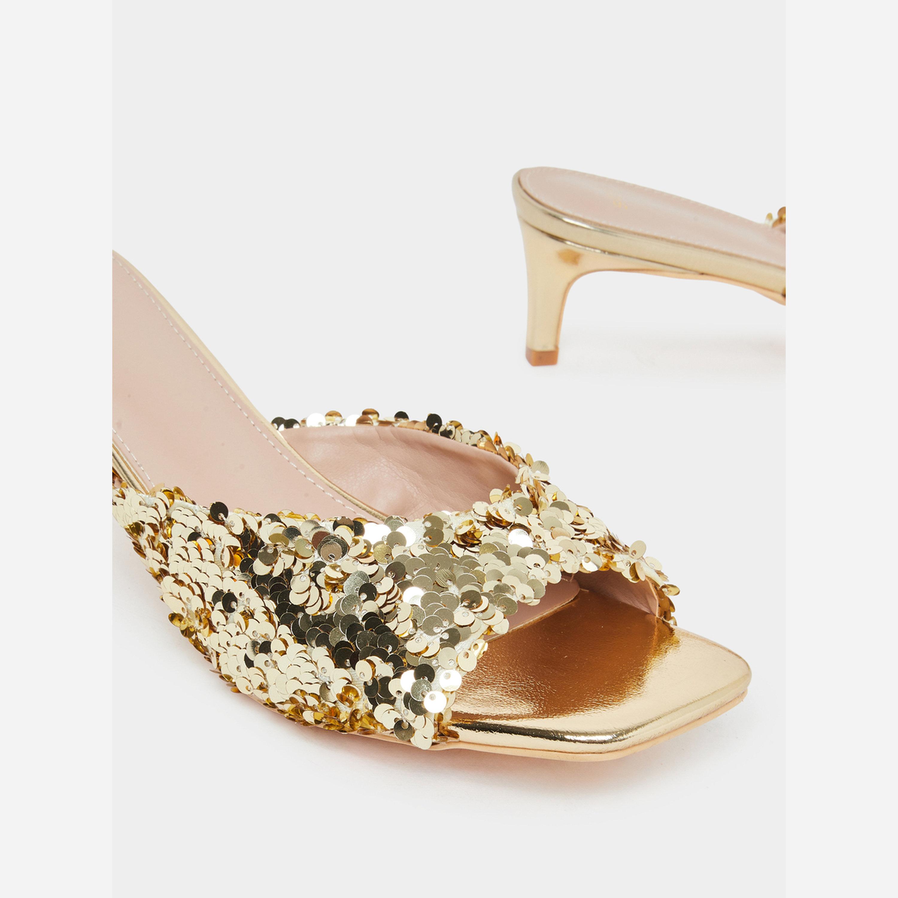 ستايلي - صندل نسائي بكعب منخفض مزين بالترتر الذهبي-women-shoes-sandals-heeled-image-3