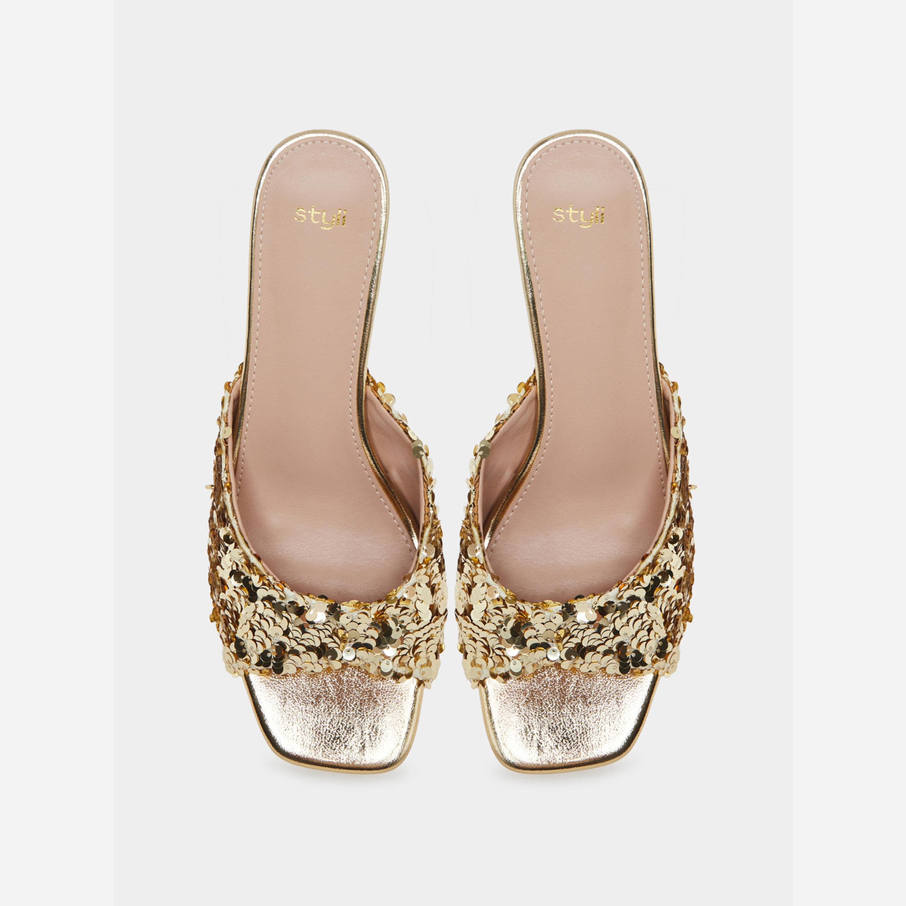 ستايلي - صندل نسائي بكعب منخفض مزين بالترتر الذهبي-women-shoes-sandals-heeled-image-5