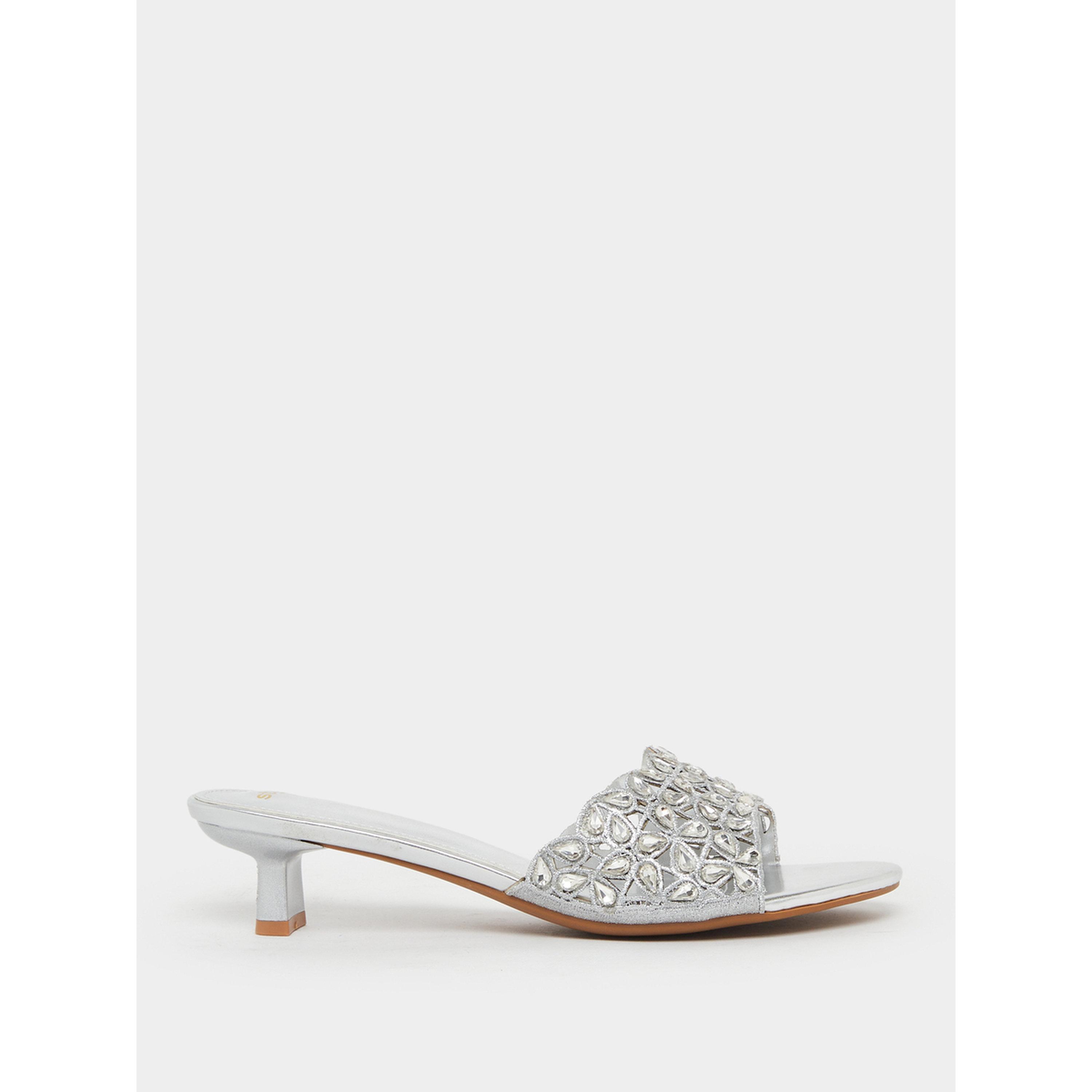 Styli Silver Embellished Low Heel Sandals-women-shoes-sandals-heeled-image-2