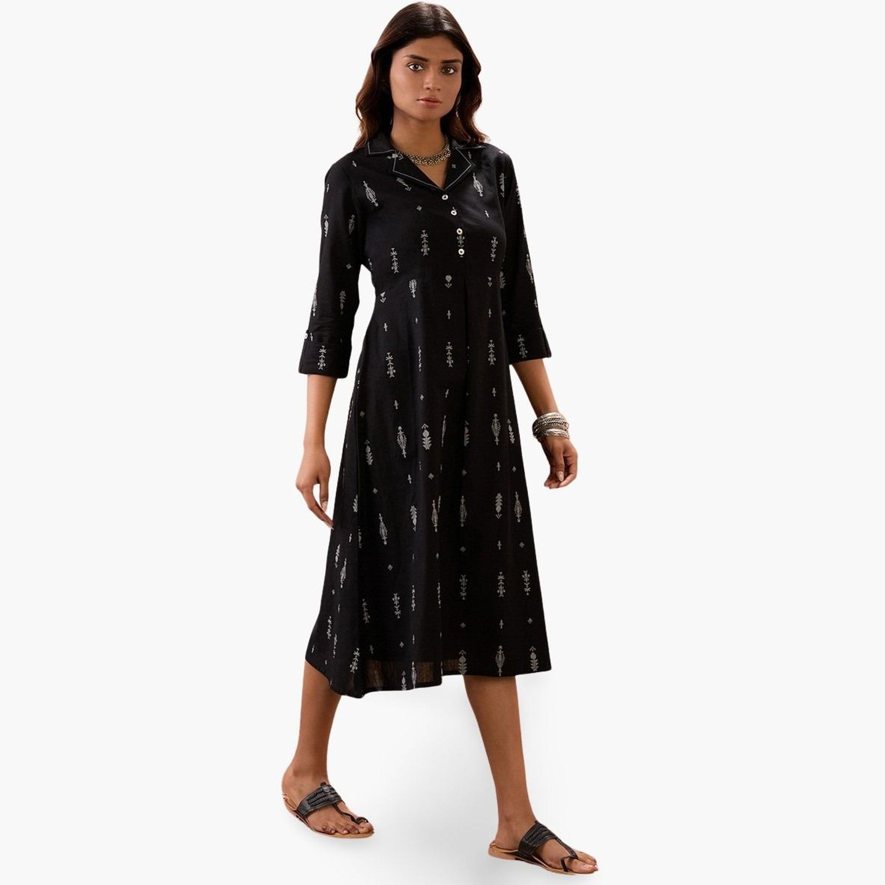 Globus X Styli Black Floral Print Collared Midi Dress-women-clothing-ethnicwear-dresses-image-1