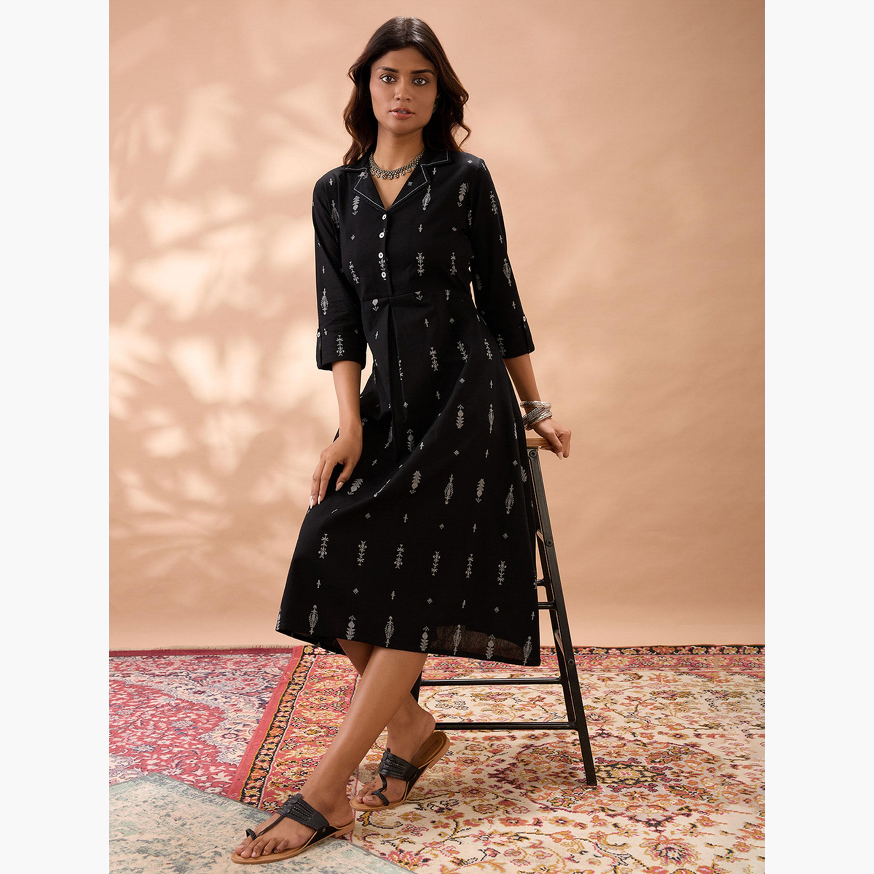 غلوبوص × ستايلي - فستان متوسط الطول أسود بطبعة زهور وياقة-women-clothing-ethnicwear-dresses-image-2