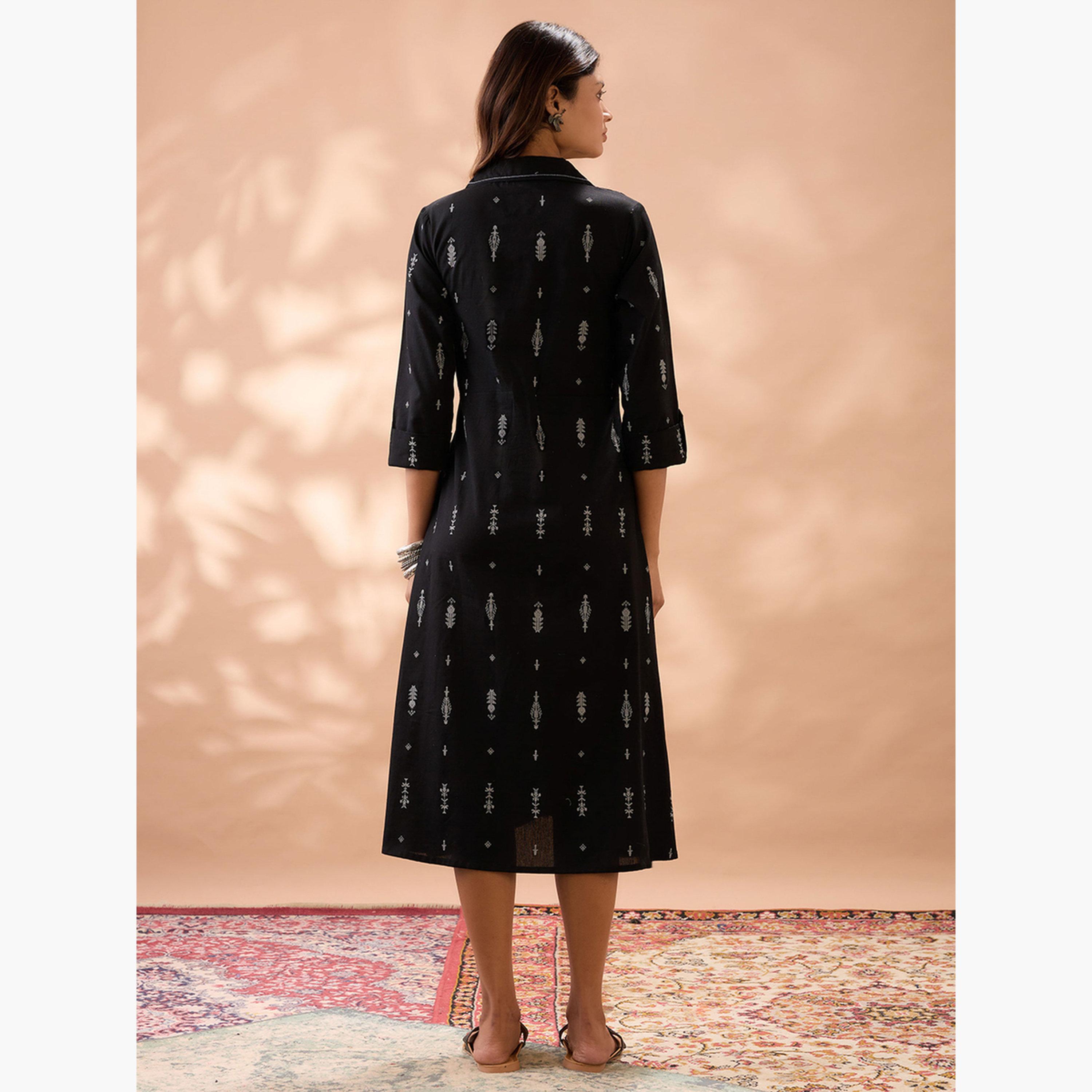 Globus X Styli Black Floral Print Collared Midi Dress-women-clothing-ethnicwear-dresses-image-3