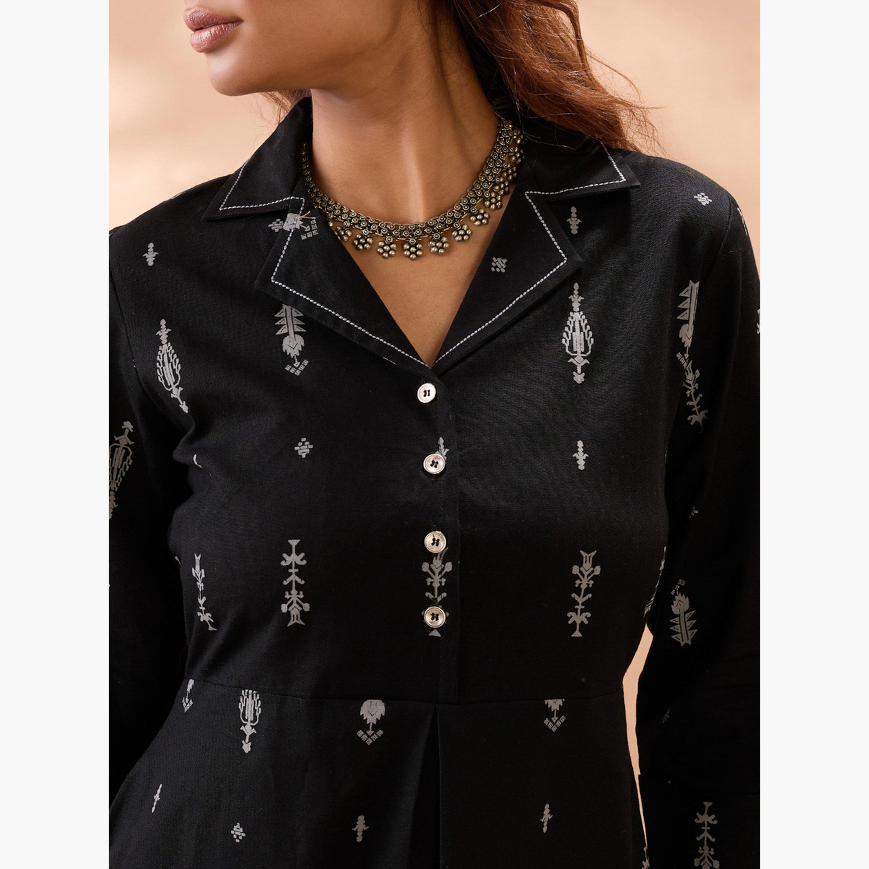 Globus X Styli Black Floral Print Collared Midi Dress-women-clothing-ethnicwear-dresses-image-4