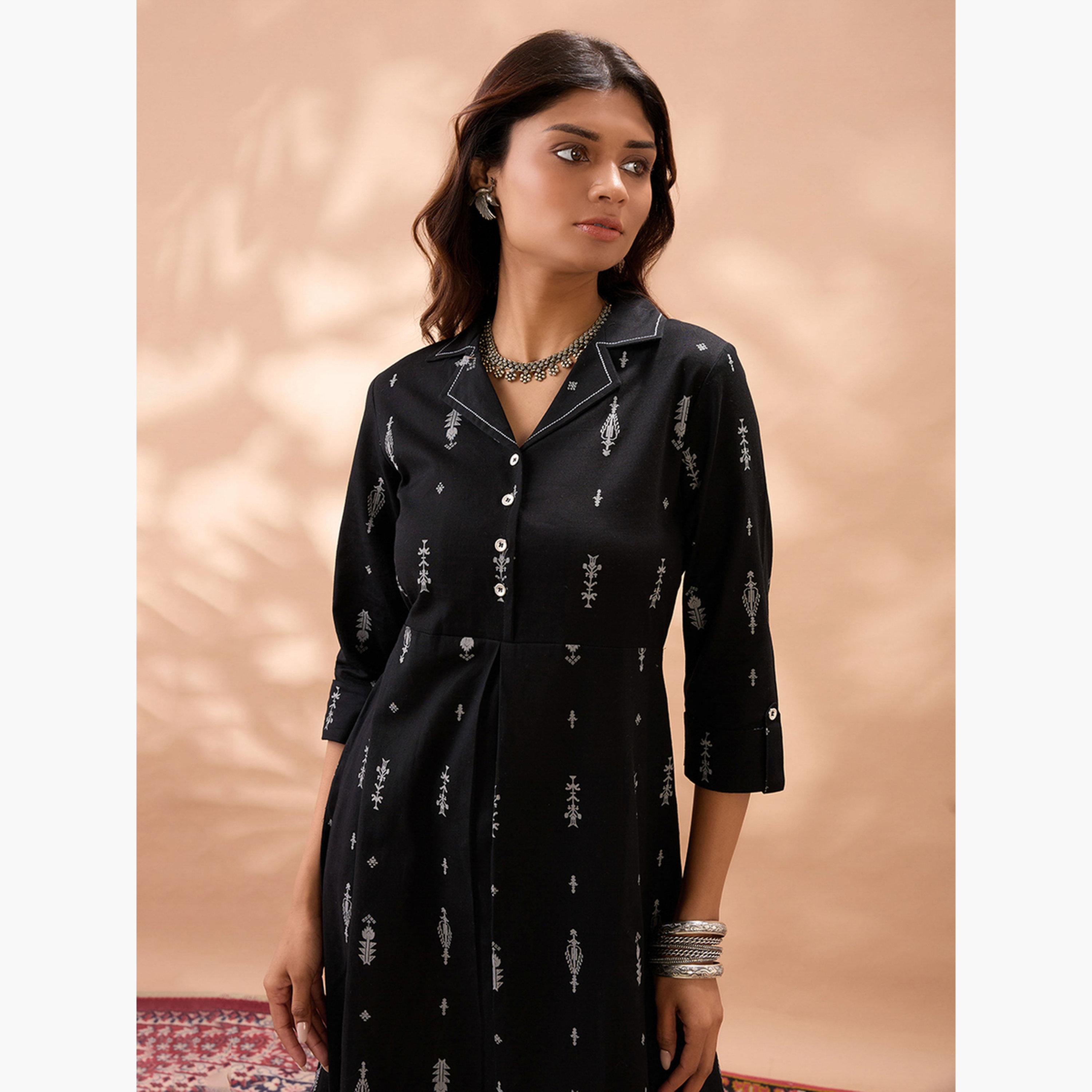 غلوبوص × ستايلي - فستان متوسط الطول أسود بطبعة زهور وياقة-women-clothing-ethnicwear-dresses-image-5