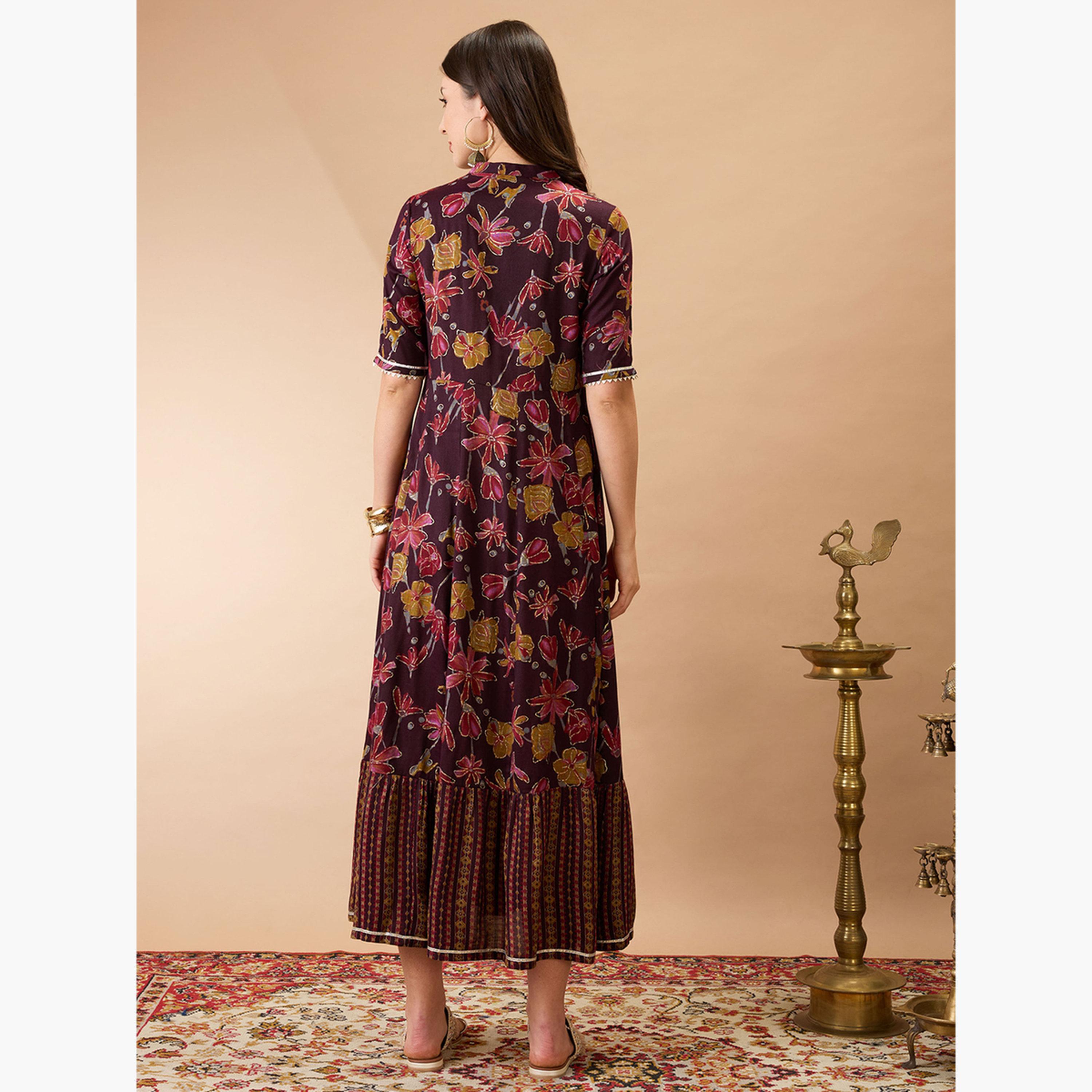 غلوبوص × ستايلي - فستان ماكسي من الرايون بطبعة زهور وتصميم A-women-clothing-ethnicwear-dresses-image-3