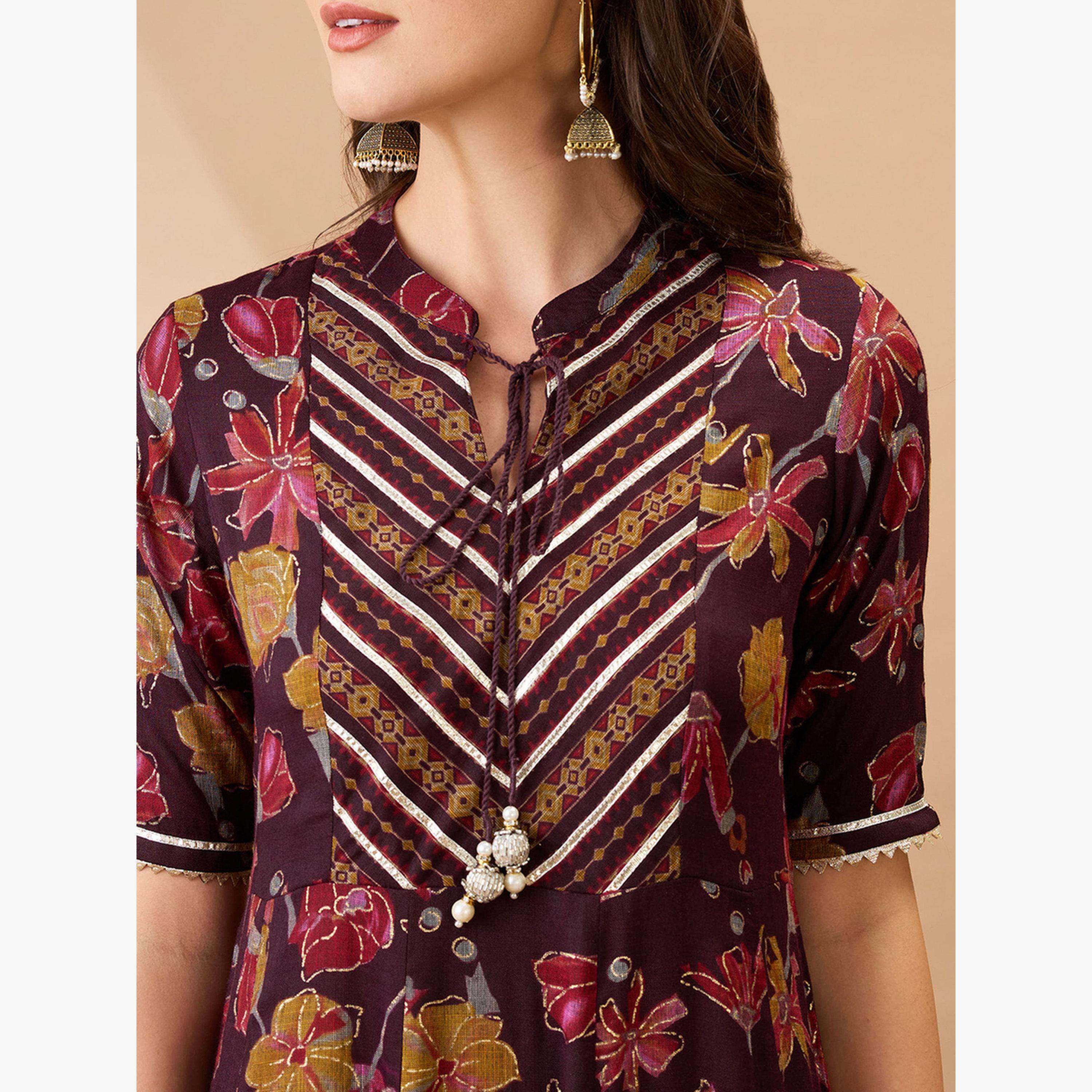غلوبوص × ستايلي - فستان ماكسي من الرايون بطبعة زهور وتصميم A-women-clothing-ethnicwear-dresses-image-4