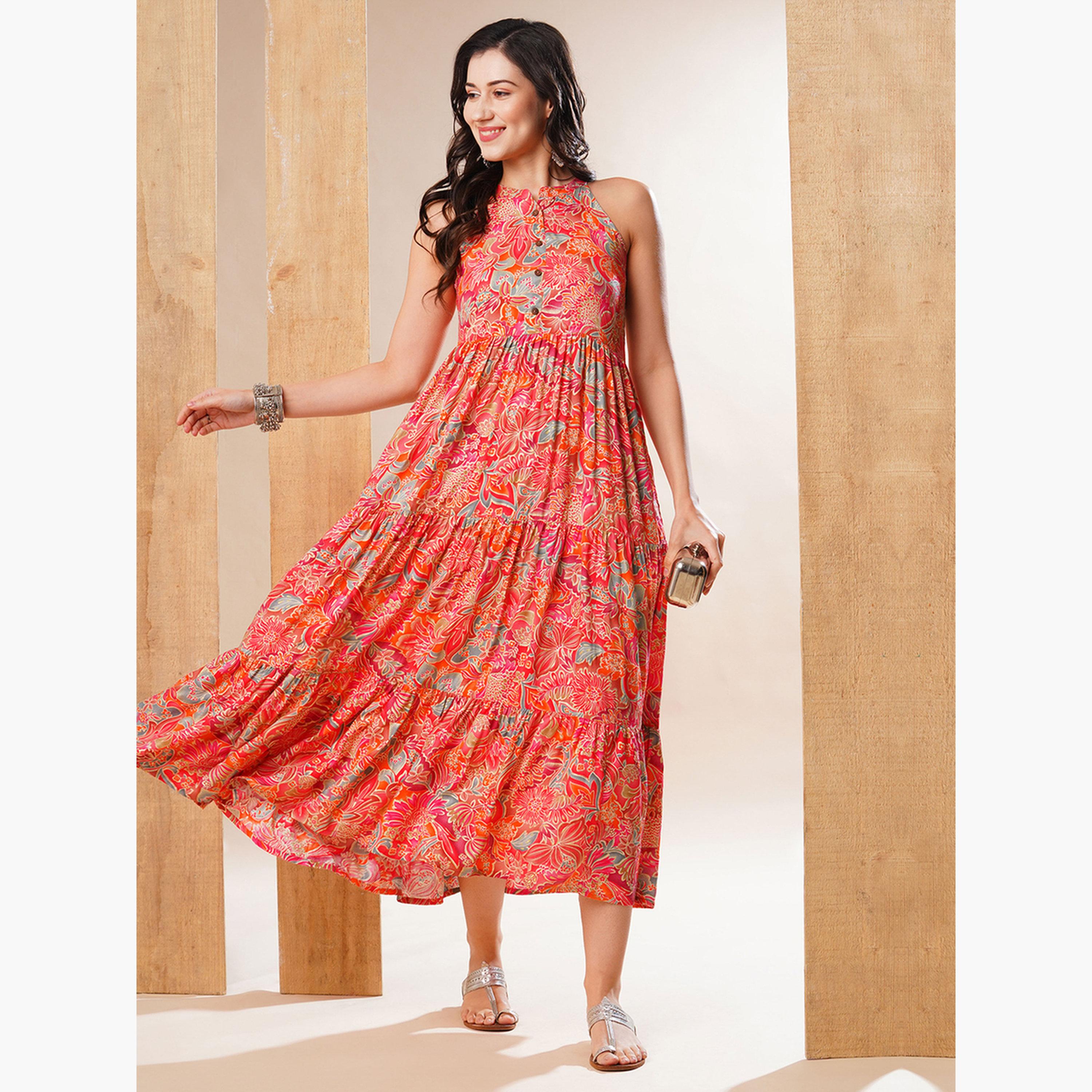 Globus X Styli Floral Print Tiered Fusion Maxi Dress-women-clothing-ethnicwear-dresses-image-1